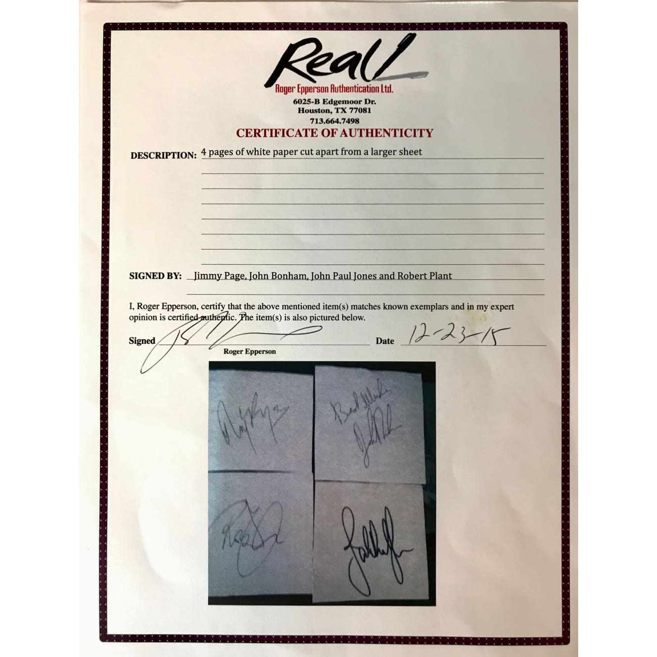 Authentic Led Zeppelin Signed Collage - Autographs by John Bonham, John Paul Jones, Jimmy Page & Robert Plant with Epperson COA - Rare Collectible Memorabilia for Music Fans & Rock Enthusiasts - Perfect for Display in Music Rooms, Man Caves & Collector Galleries