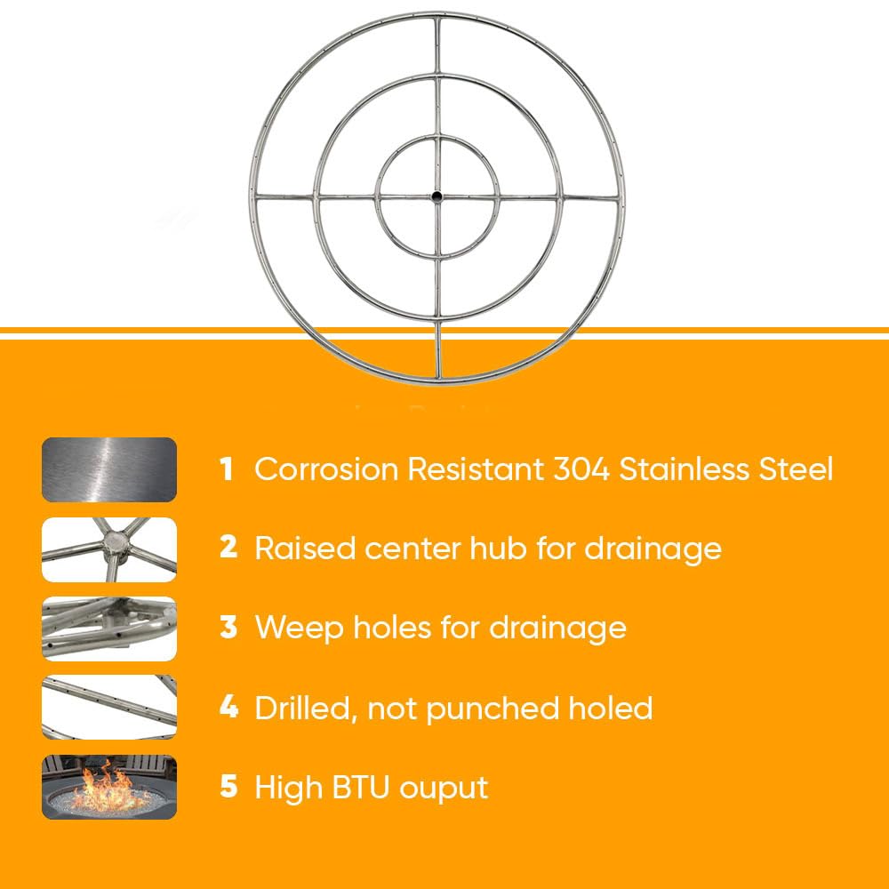 AFG Match Lit Fire Pit Burner Kit - 30 Inch Round Natural Gas Burner with Polished Chrome Finish, Flange, Key, Valve & Flex Line - Perfect for Outdoor Patio, Backyard Gatherings & Camping (SS-FR-30KIT-NG-MSCB)