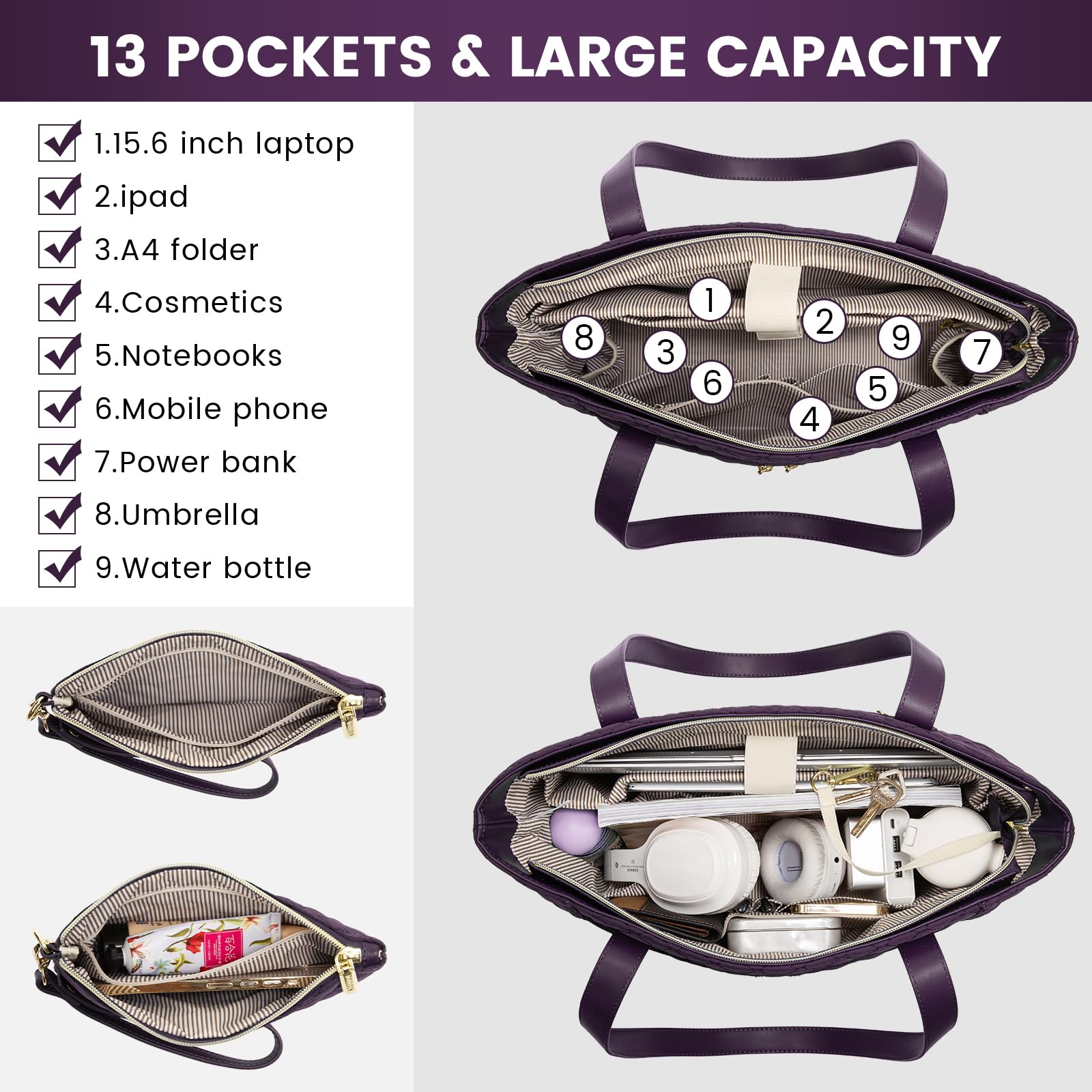 LOVEVOOK 17 Inch Diamond Quilted Laptop Tote Bag for Women - Stylish Work & Travel Shoulder Bag with Clutch Purse, Computer Briefcase Handbag (Purple) - Perfect for Office, Business Meetings & Commuting