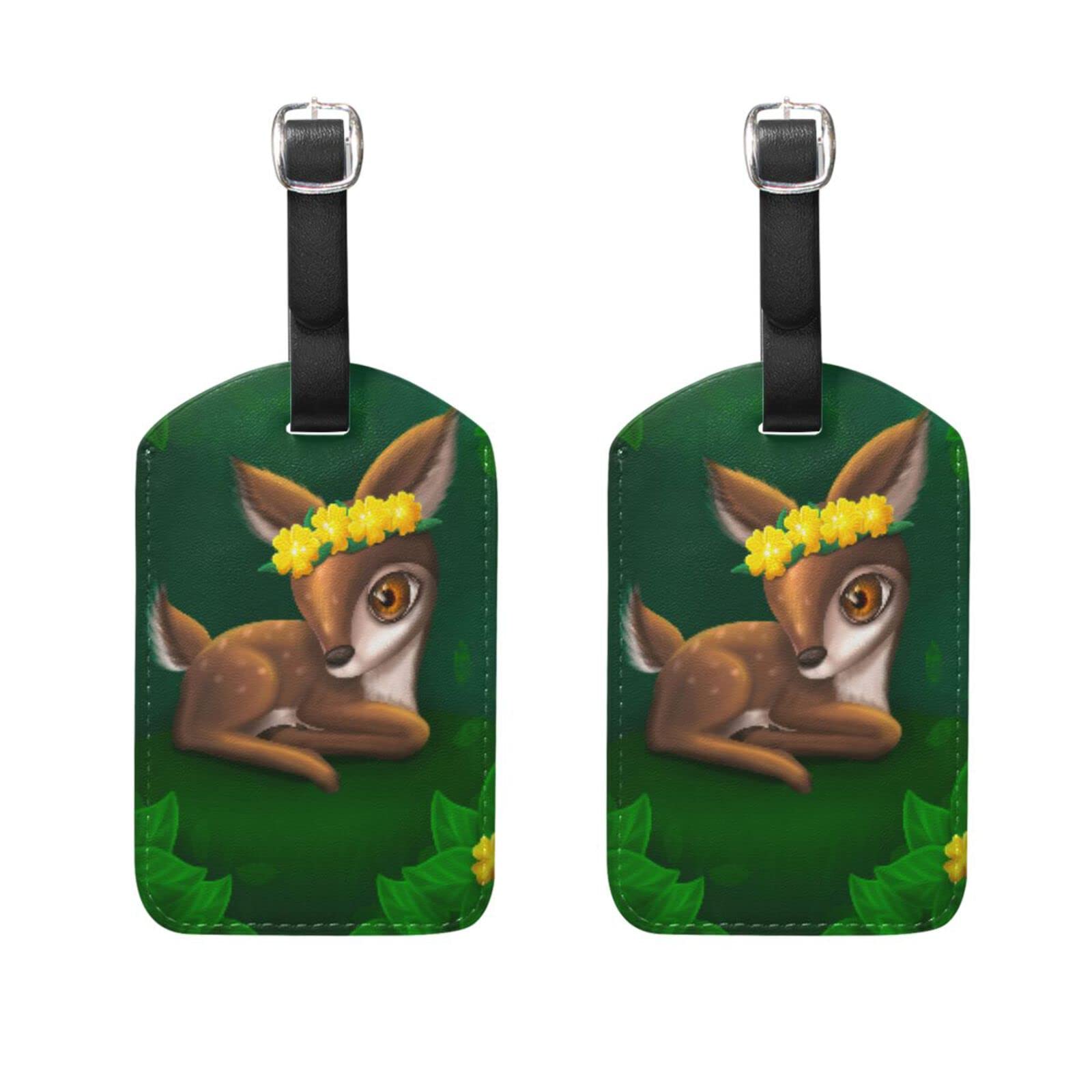 2 Pack Cute Deer Luggage Tags - PU Leather Suitcase ID Tags with Privacy Cover for Travel, Cruise Ships & Airports - Perfect for Women & Men (Ideal for Vacation, Business Trips & Lost Baggage Prevention)