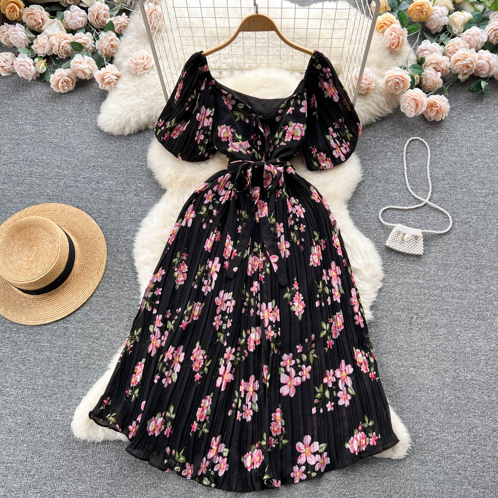 French Puff Sleeve Floral Print Chiffon Maxi Dress for Women - Elegant Summer Long Dress with Ruffle Details | Perfect for Beach Vacations, Garden Parties & Date Nights