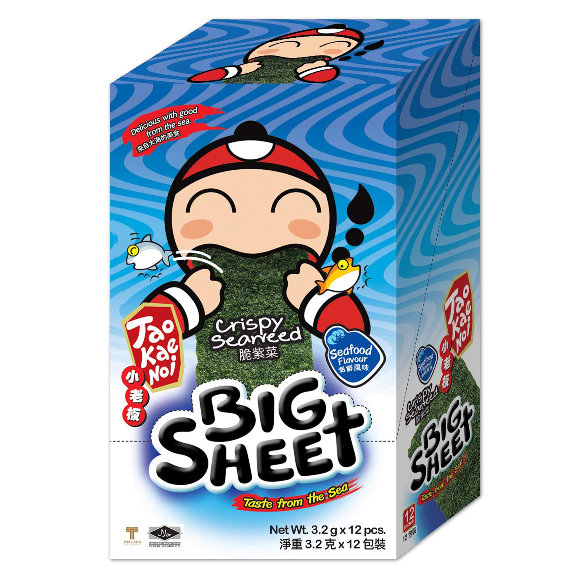 Crispy Thai Seaweed Snacks by Tao Kae Noi | Seafood Flavor Nori Chips | Healthy Low-Calorie Snack for Kids & Adults | 12 Individually Wrapped Sheets (3.2g each) | Perfect for Lunchboxes, Office Snacks & On-the-Go Healthy Eating
