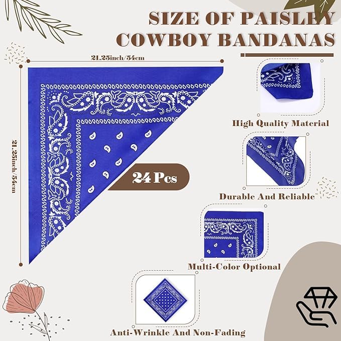 24 Pack Paisley Print 100% Cotton Double Sided Bandanas - Soft & Breathable for Men & Women - Perfect for Outdoor Activities, Sports, Fashion Accessories and DIY Crafts