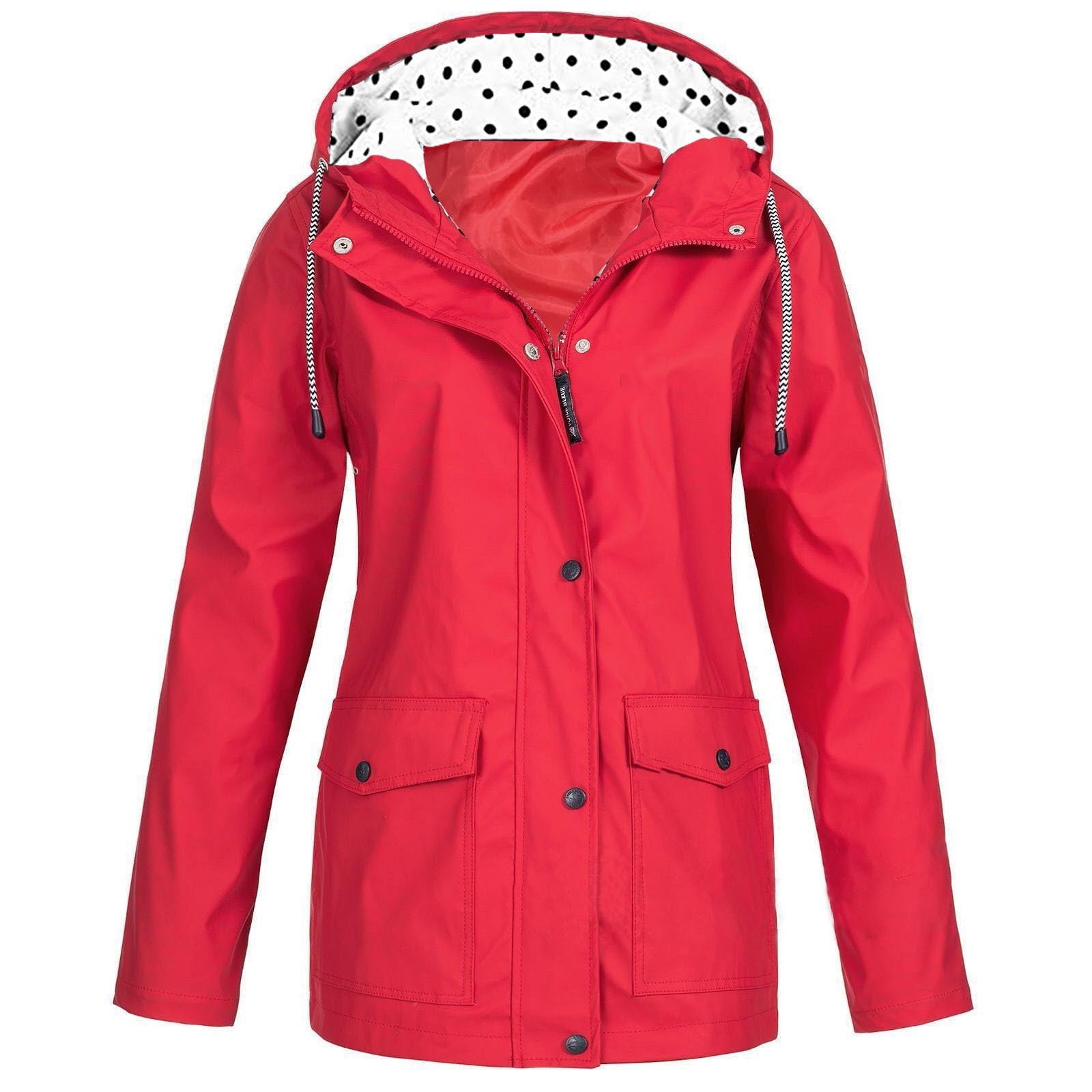 **SEAOPEN Women's Waterproof Lightweight Rain Jacket with Hood & Pockets - Windbreaker Long Coat, Drawstring Waist, Zip-Up Front - Perfect for Hiking, Travel & Outdoor Activities (Small, Red)**