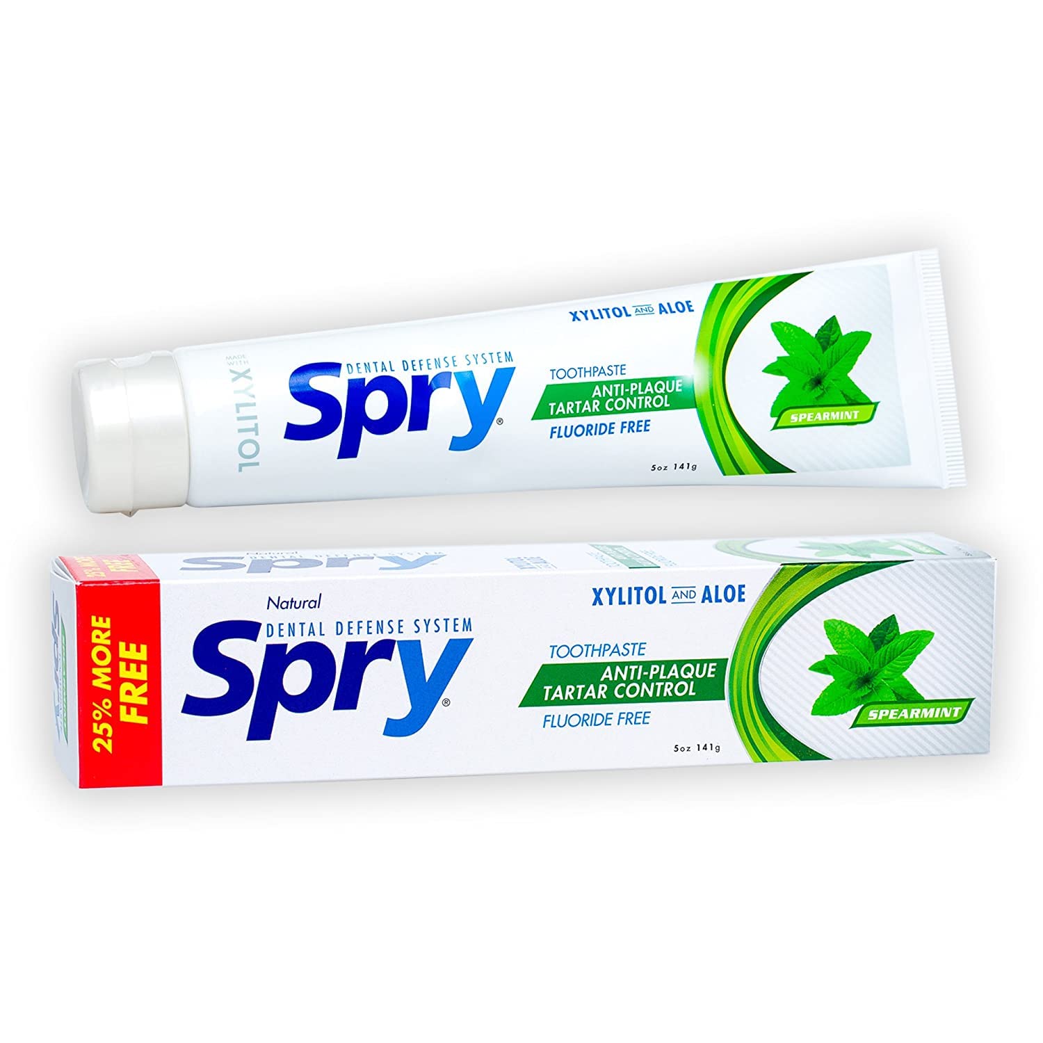 Spry Xylitol Toothpaste 5oz - Fluoride Free Natural Toothpaste for Adults & Kids, Teeth Whitening & Breath Freshening with Spearmint Flavor (Pack of 2) | Gentle Oral Care for Sensitive Teeth & Daily Fresh Breath