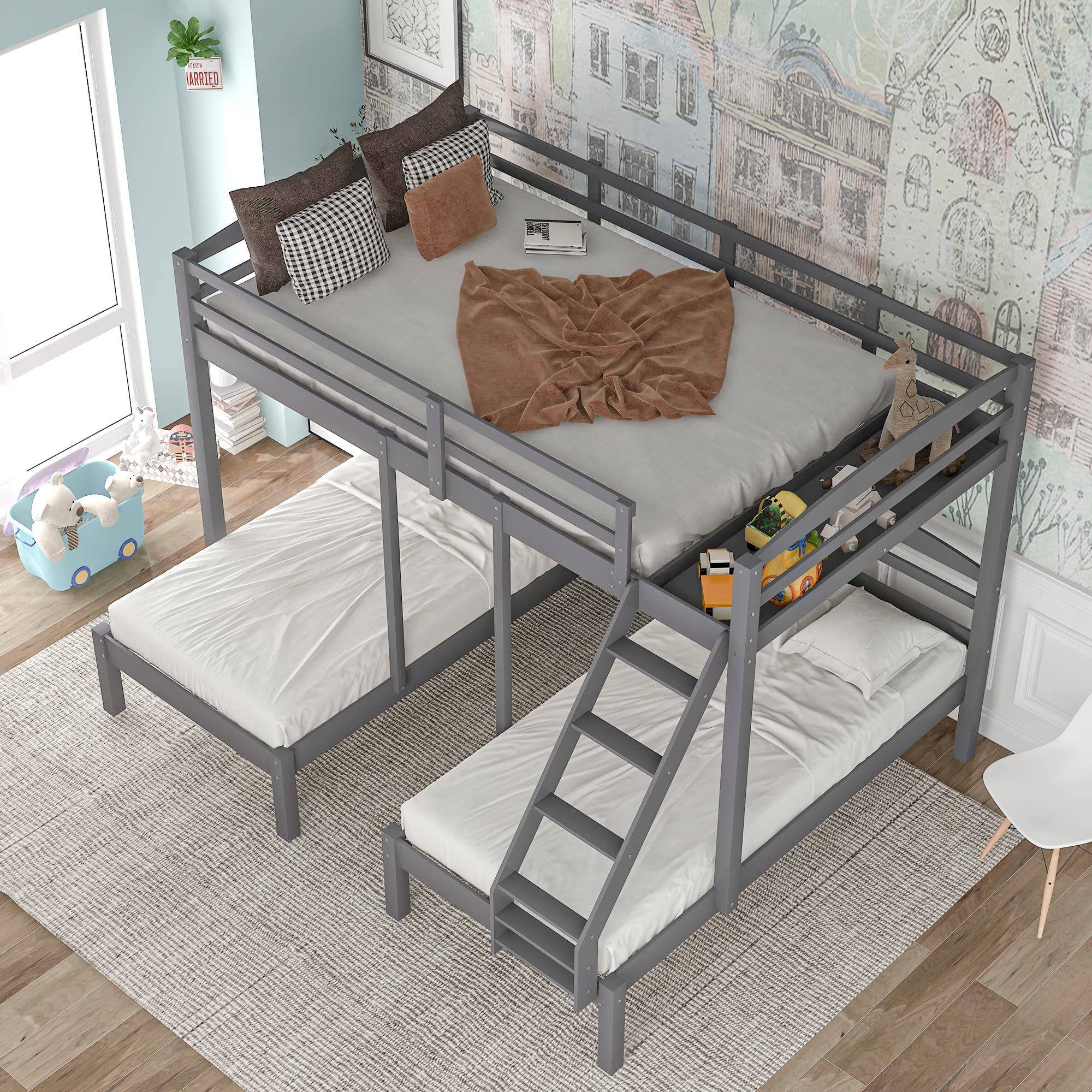 Harper & Bright Designs Full Over Twin & Twin Wood Triple Bunk Bed Frame with Guardrails - Sturdy Grey Bedroom Furniture for Kids, Teens & Guest Rooms | Space Saving Solution for Small Homes & Shared Bedrooms