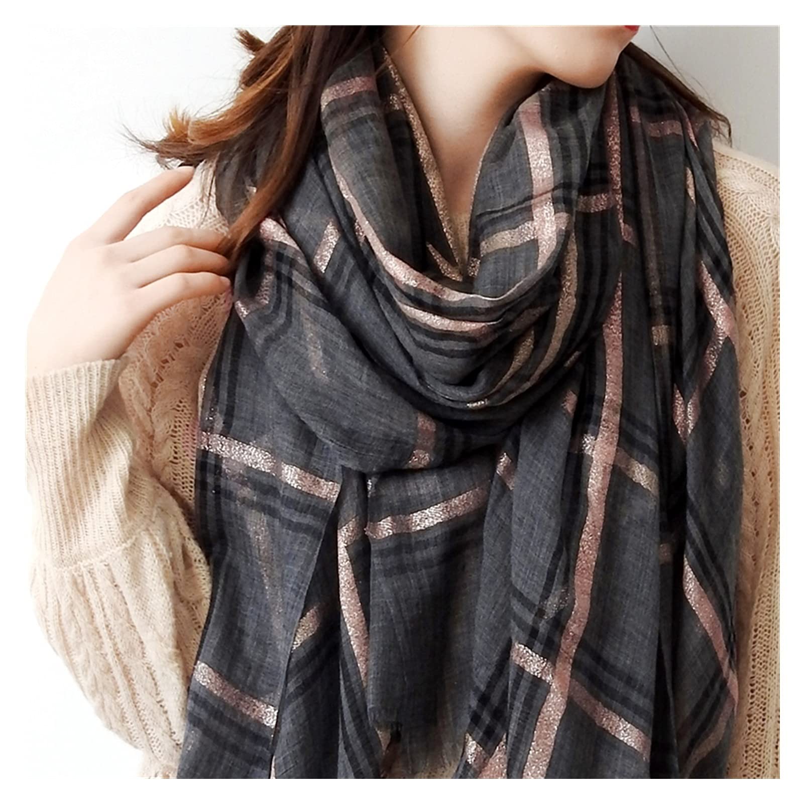 Luxury Cashmere Scarf for Women - Soft Plaid Winter Shawl with Gold Thread, 220cm x 105cm Oversized Checked Wrap (Color B) - Perfect for Fall, Winter & Spring Fashion, Office Wear & Outdoor Activities