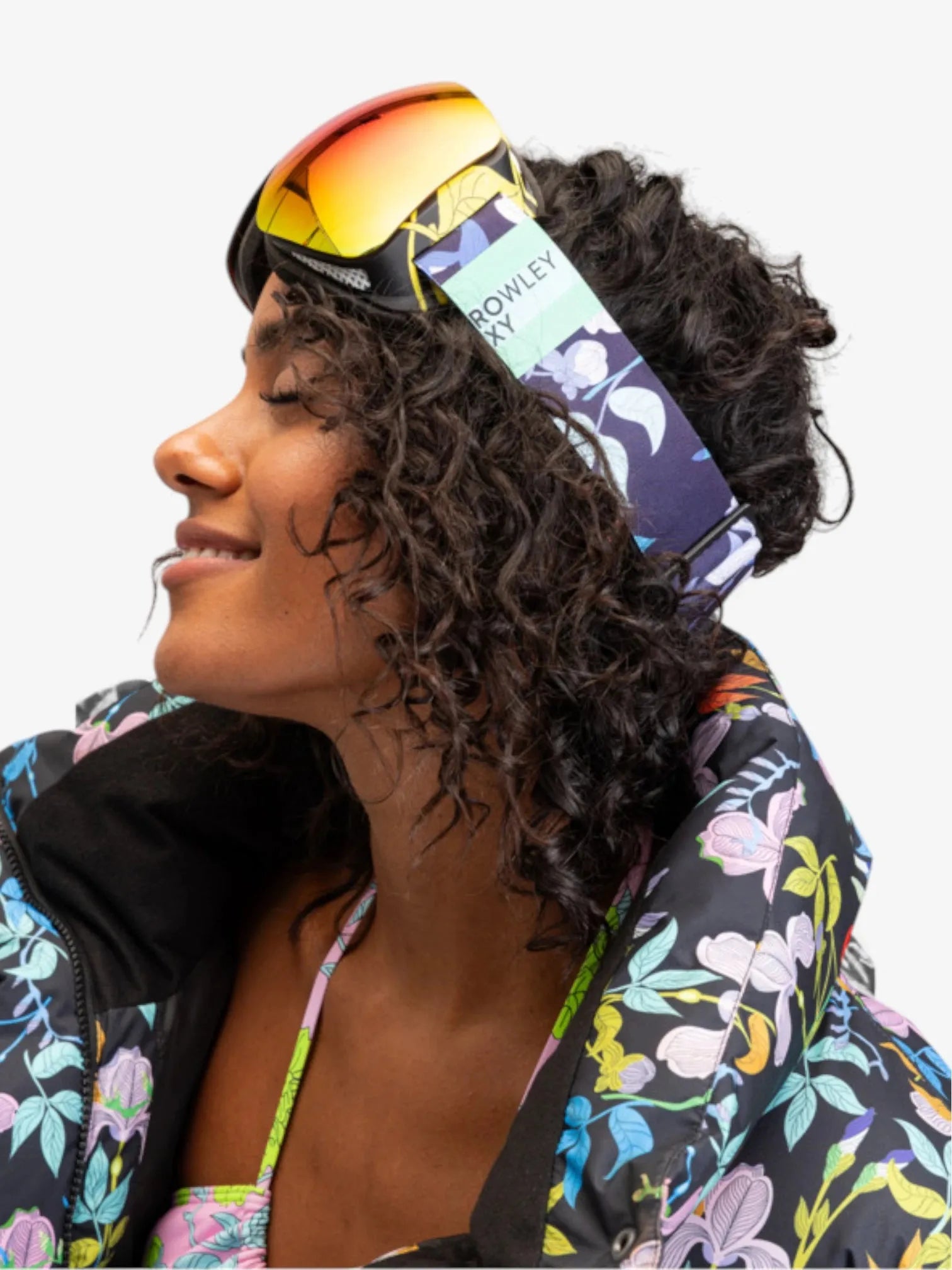 ROXY X Rowley Rosewood Snow Goggles - Yellow Violet Floral Print for Skiing & Snowboarding | UV Protection & Anti-Fog Lens
