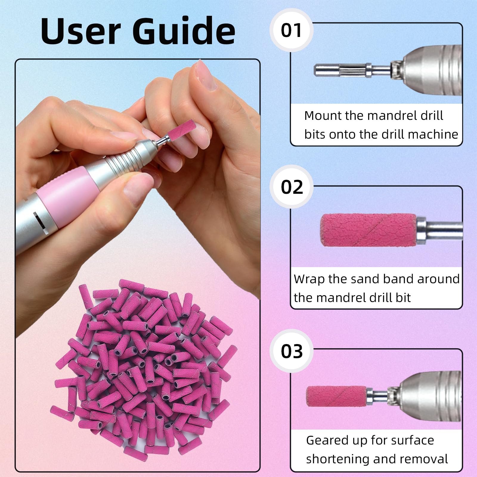 100 Pcs 240 Grit Pink Nail Sanding Bands for Drill - Professional Fine Grit Mini Sanding Bits with 3.1mm Mandrel - Perfect for Acrylic Nails, Manicures & Pedicures at Home or Salon