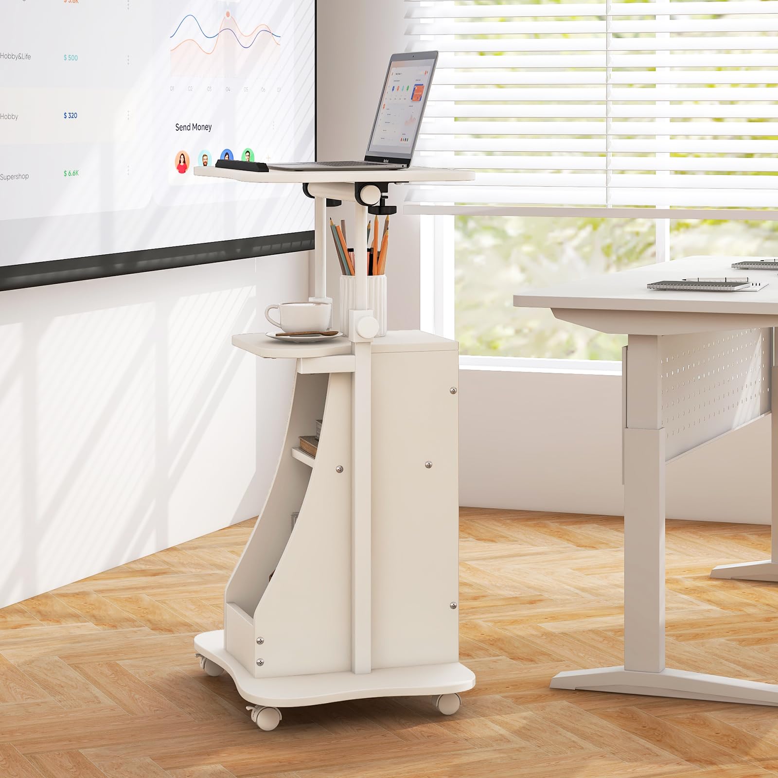 Giantex Adjustable Mobile Podium Stand - Rolling Laptop Cart with Tilting Tabletop & Storage | Lockable Wheels for Classroom, Church, Home Office (White) | Perfect for Presentations, Teaching & Remote Work