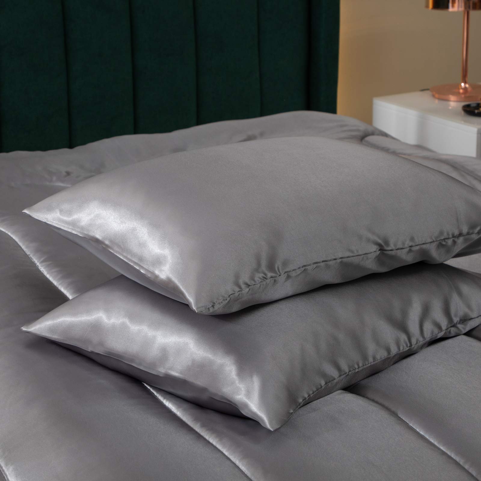 Luxury Satin Comforter Set Queen Size - Soft Grey Silky Bedding with 2 Pillowcases for Ultimate Comfort | Perfect for Master Bedroom, Guest Room & Cozy Nights