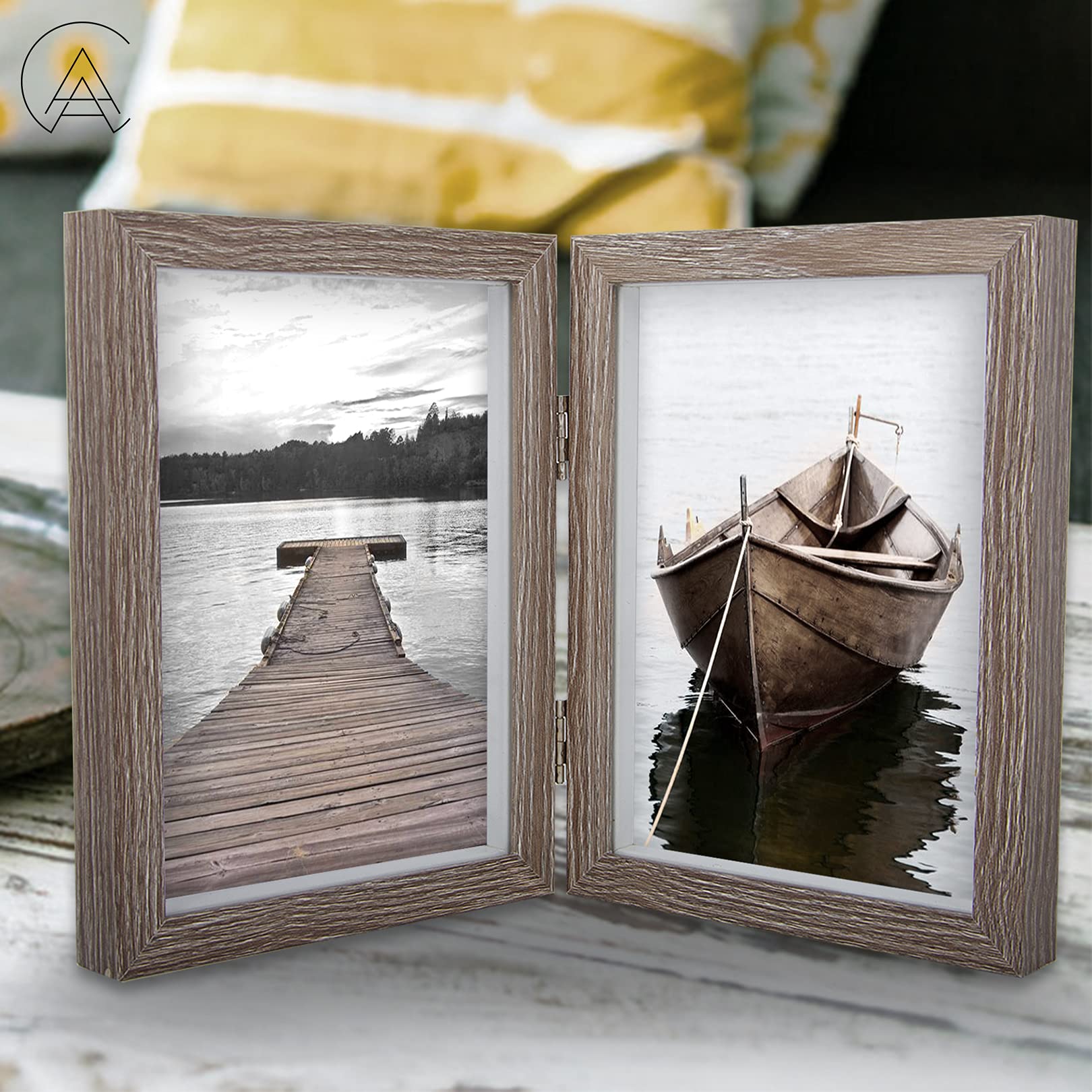 AEVETE 4x6 Double Hinged Wood Picture Frames - Vertical Display with Real Glass Front - Perfect for Tabletop Photo Displays, Home Decor & Wedding Memories