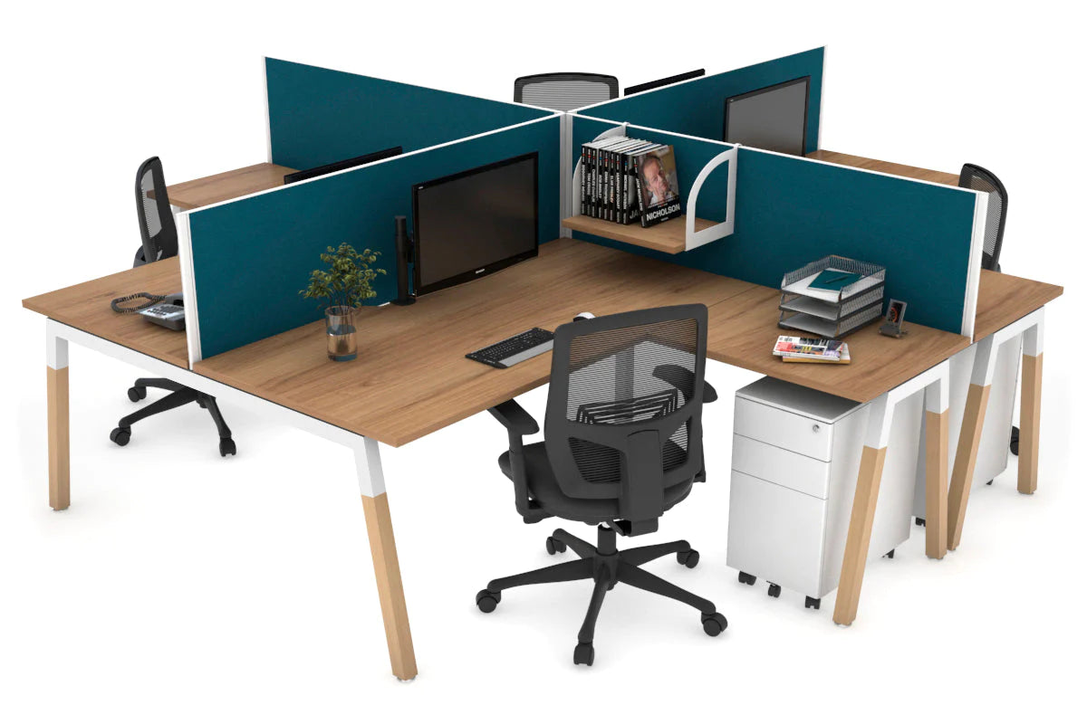Quadro Wood A Legs Cross Beam 4-Person Corner Workstation Desk - 1600L x 1800W with Cable Management Scallop - Perfect for Office, Home Workspace & Collaborative Environments