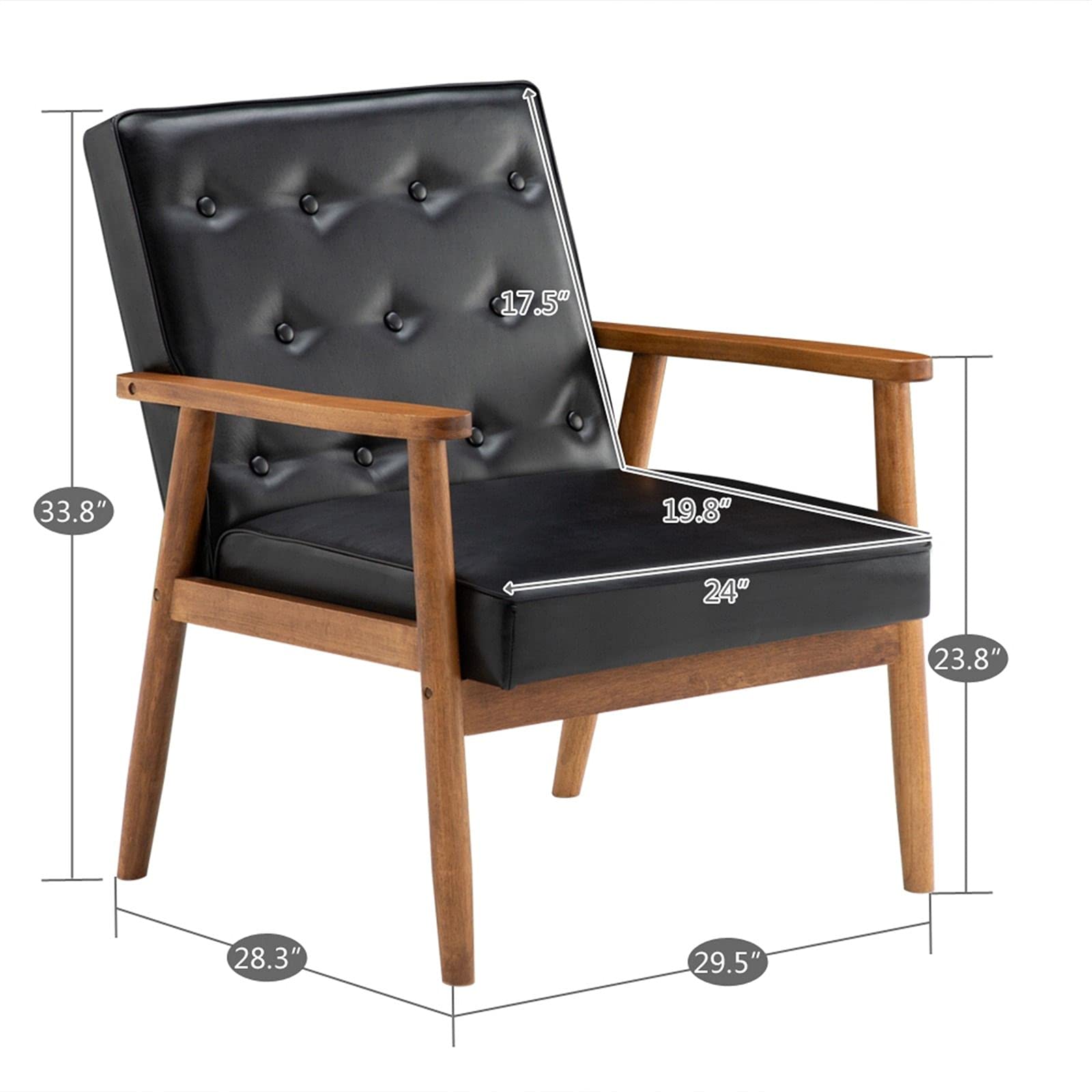 Mid-Century Modern Black PU Accent Armchair - Upholstered Wood Frame Lounge Chair for Living Room, Bedroom & Office - Stylish Comfortable Seating for Home Decor