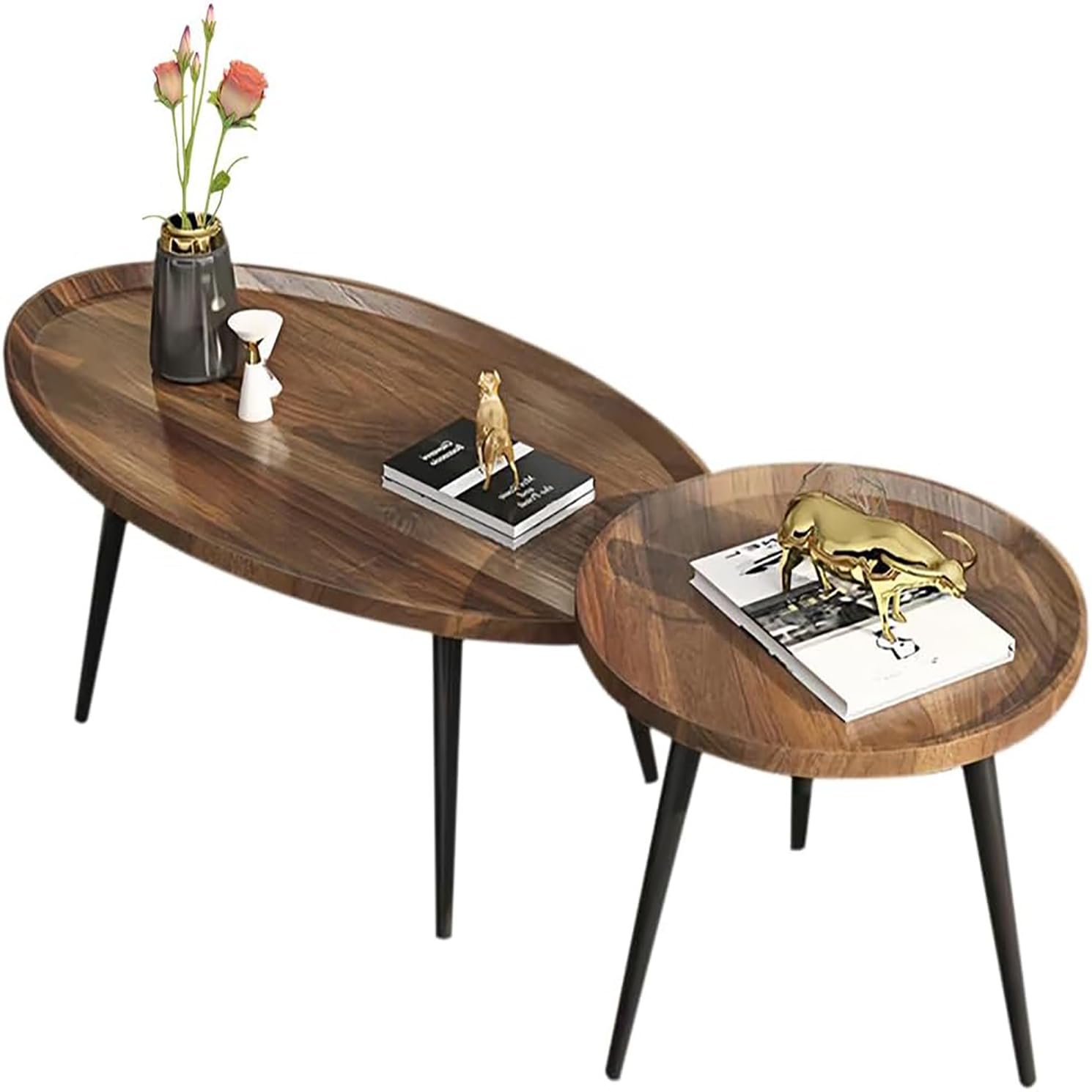 Mid Century Modern Nesting Coffee Table Set of 2 - Oval & Round Side Tables for Living Room, Bedroom, Small Spaces - Walnut Finish | Perfect for Compact Apartments, Cozy Reading Nooks & Contemporary Home Decor