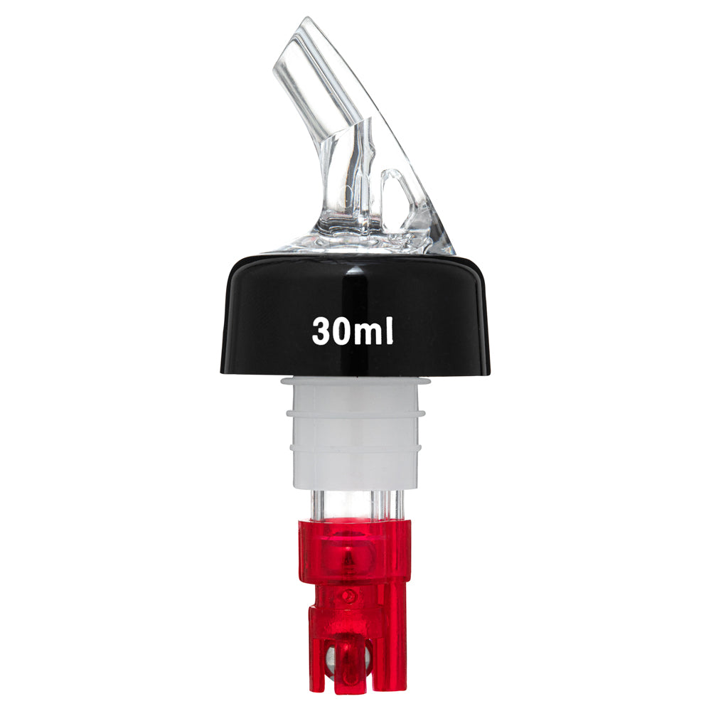 Bar Lux 1 oz Red Plastic Measured Liquor Pourer with Collar & Clear Spout - 50 Count Box - Perfect for Bartending, Home Bars & Professional Cocktail Mixing