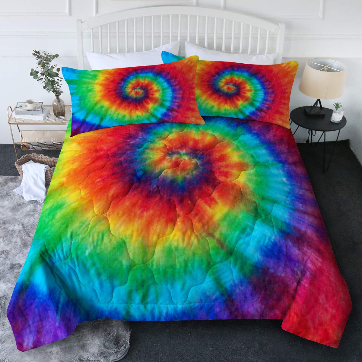 BlessLiving Tie Dye Comforter Set - Full/Queen Size Rainbow Bedding Set (3pc) - Soft Boho Colorful Quilt for Girls' Room, Dorm & Teen Bedroom - Vibrant Tie Dye Design for Cozy Sleep & Stylish Decor