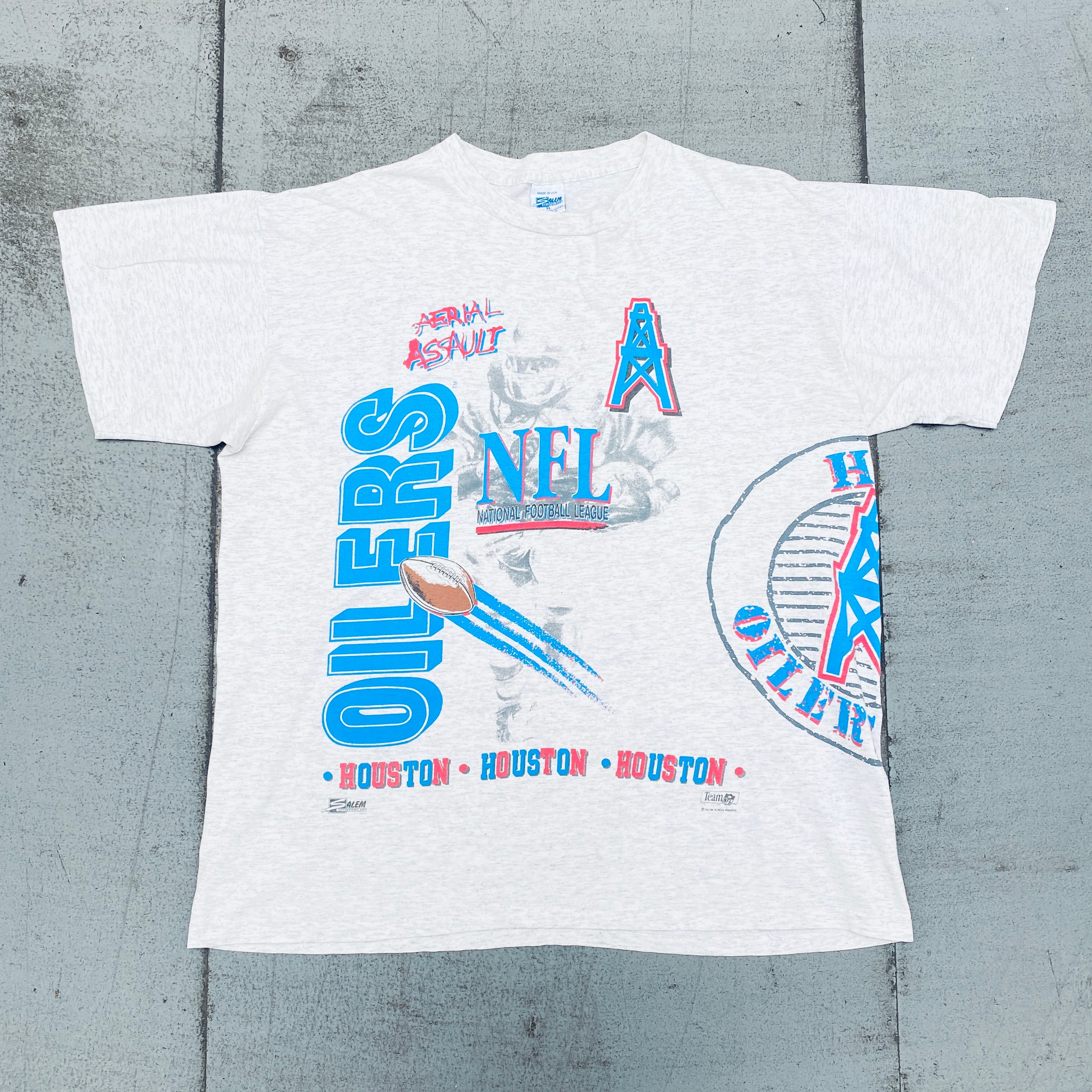 Houston Oilers 1990s Vintage All Over Print T-Shirt - Salem Sportswear - Large Size - Retro NFL Football Fan Apparel for Men & Women - Perfect for Game Day, Tailgating, and Collectors