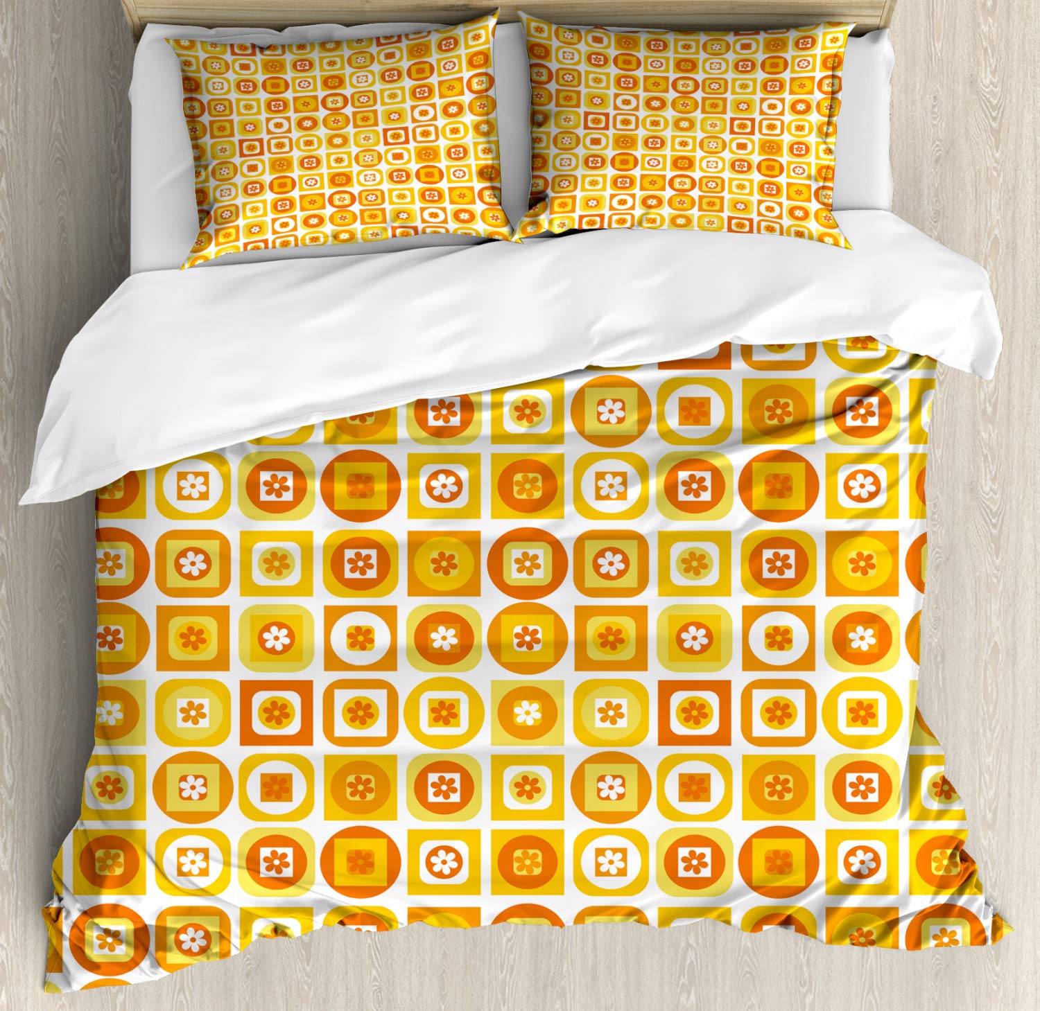 Ambesonne Floral Duvet Cover Set - 3 Piece Geometric Botany Bedding with 2 Pillow Shams, California King Size, Orange Mustard Pattern - Perfect for Modern Bedroom Decor & Guest Room Styling