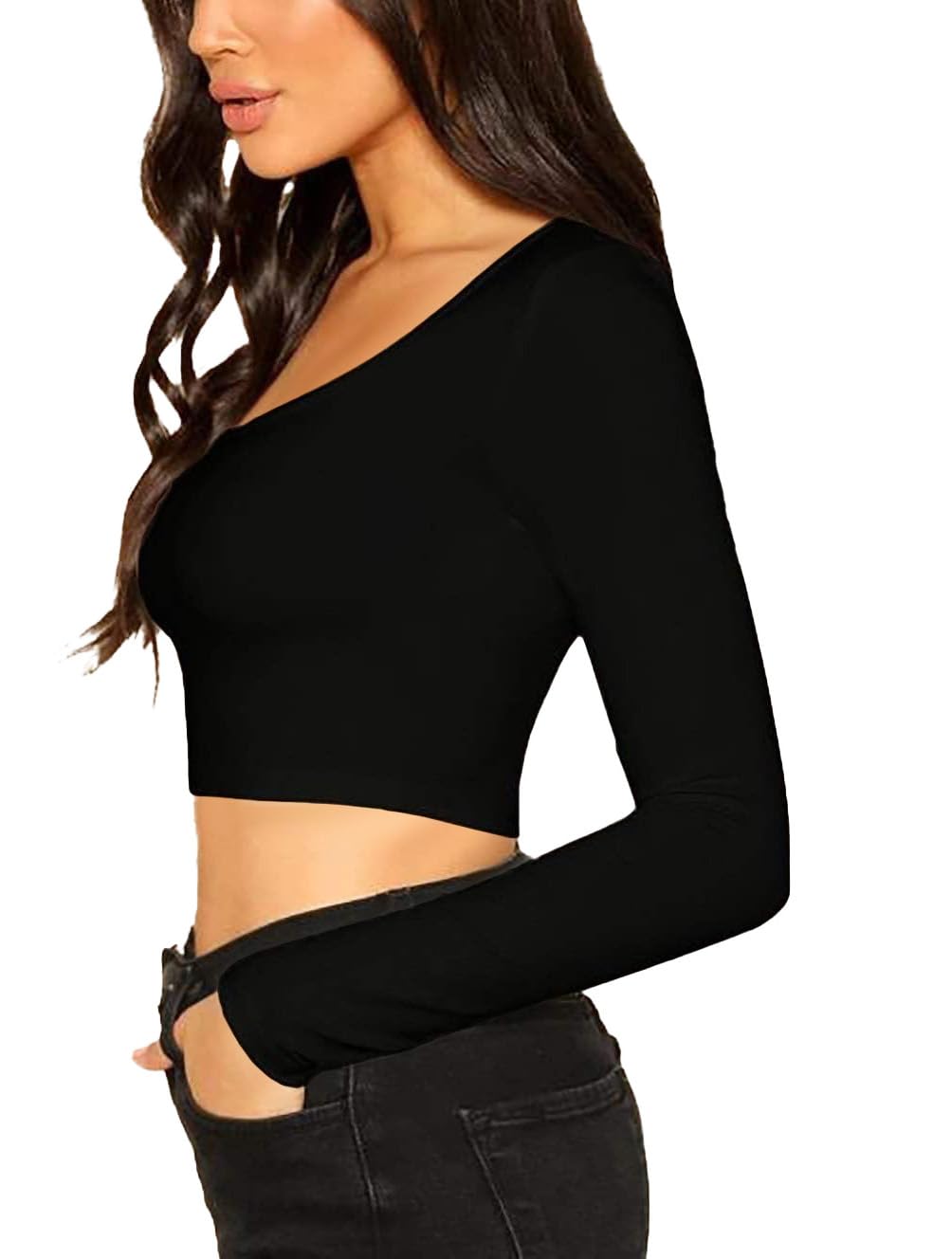 Women's Soft Cotton Long Sleeve Scoop Neck Crop Top - Breathable Comfort Fit Casual Shirt for Everyday Wear, Workout & Layering