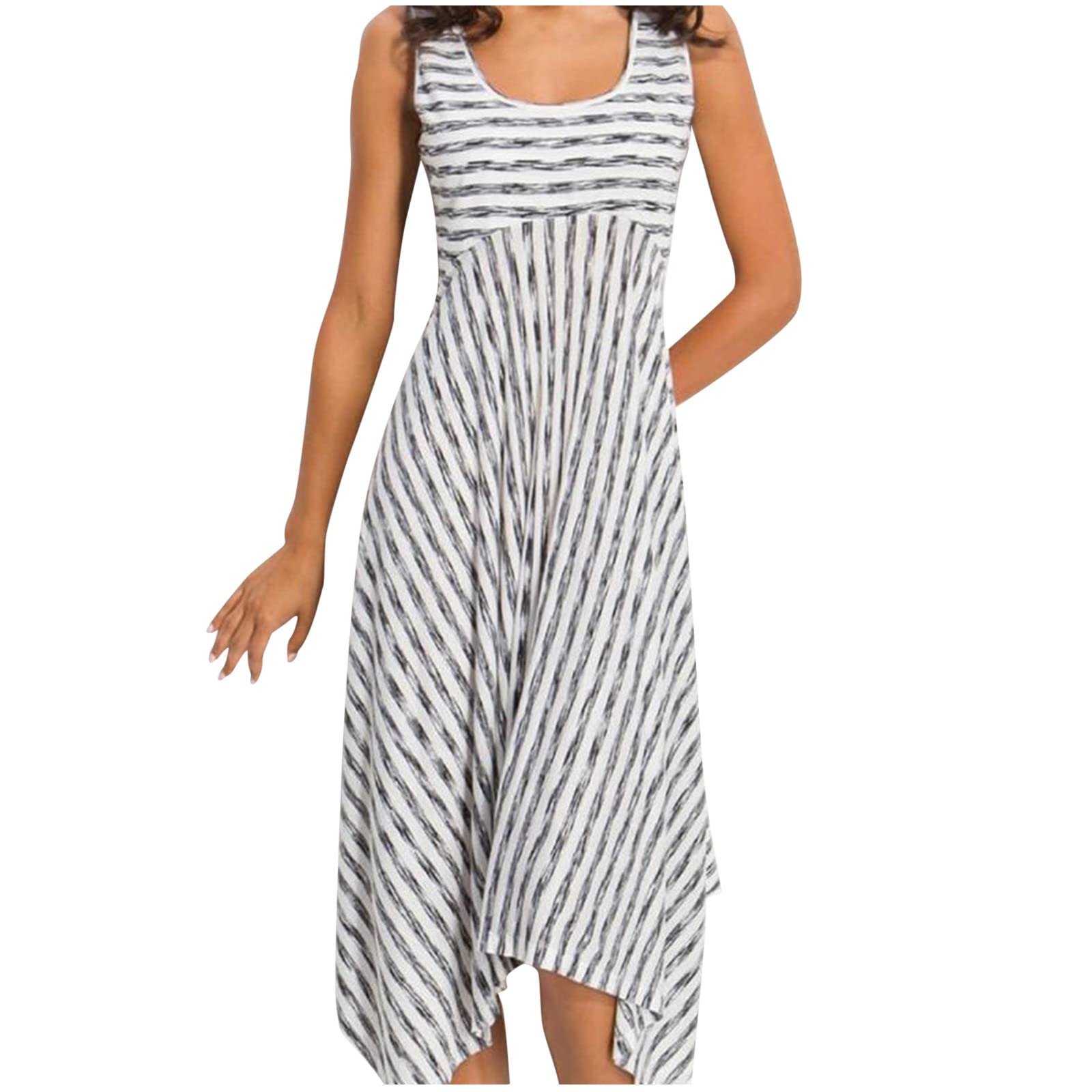 Women's Summer Sleeveless O-Neck Beach Dress - Flowy Irregular Hem Long Maxi Dress for Vacation & Seaside Outfits | Perfect for Beach Parties, Resort Wear & Bedroom Dresser Storage