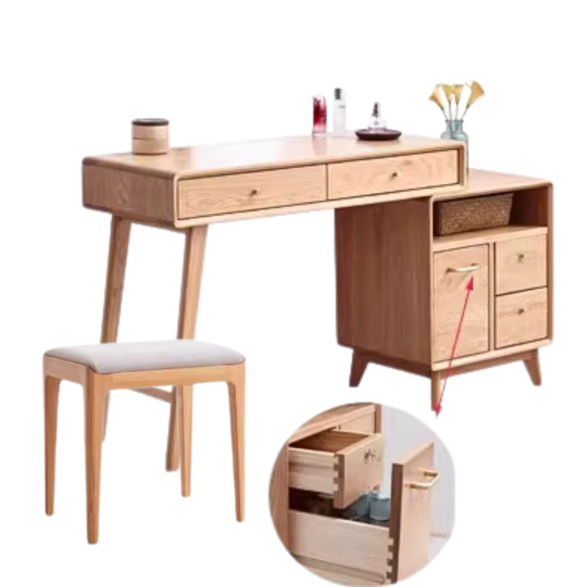 Solid Oak Wood Extendable Vanity Dressing Table with Mirror - Perfect for Bedroom Makeup & Jewelry Storage