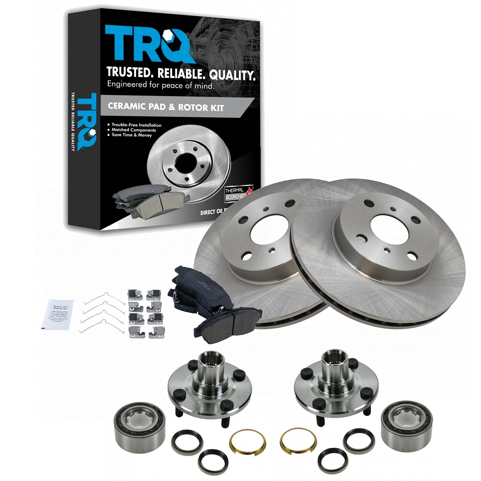 TRQ Front Brake Pad and Rotor Kit - Ceramic Brake Pads, Rotors, Wheel Bearings & Hub Assembly - Compatible with 1993-1997 Geo Prizm & Toyota Corolla - Perfect for Daily Commuting, City Driving and Highway Safety