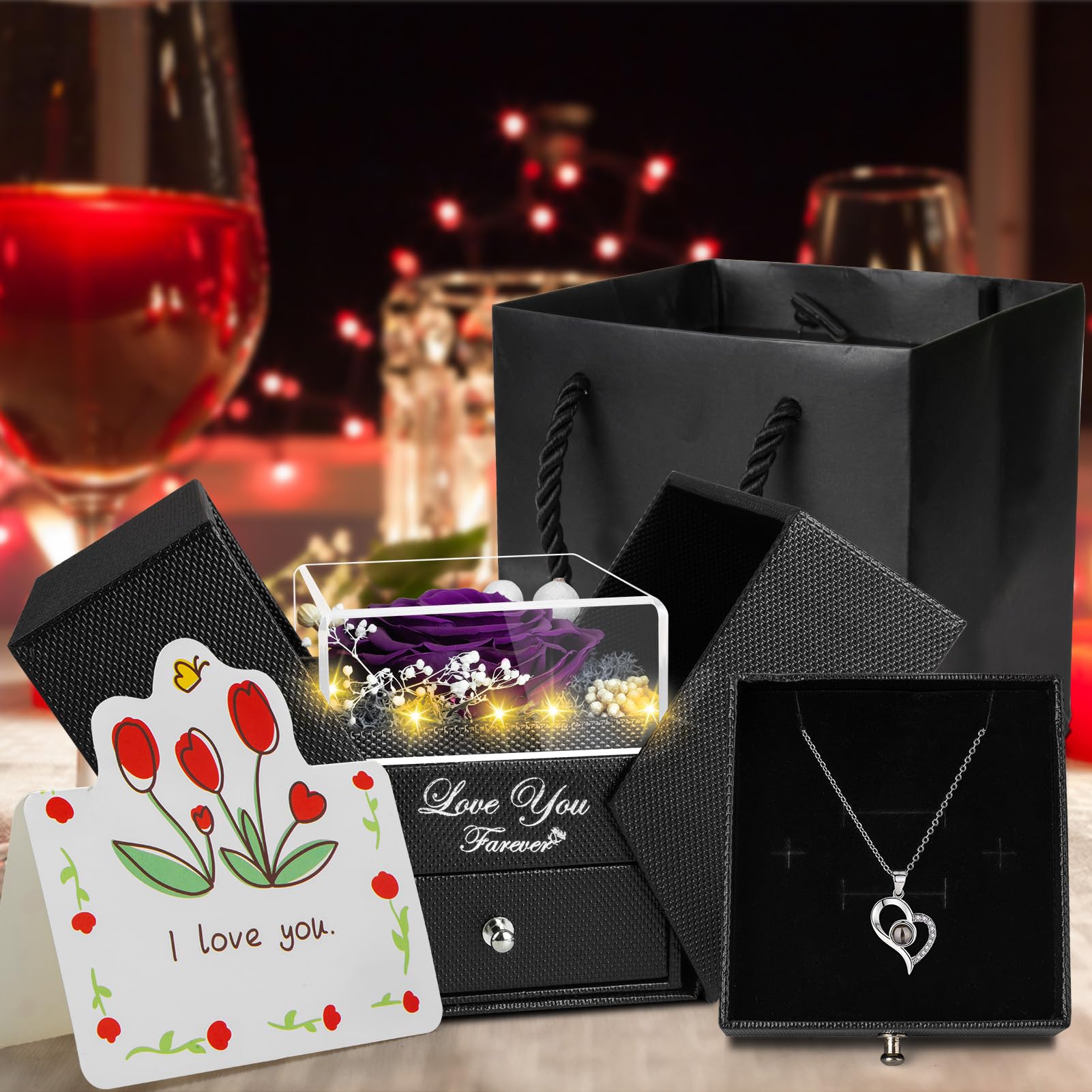 Preserved Purple Real Rose with 'I Love You' Necklace - Eternal Flower Gift for Mom, Grandma, Wife, Girlfriend | Romantic Anniversary, Birthday, Christmas Present for Her | Perfect for Valentine's Day, Weddings & Special Occasions