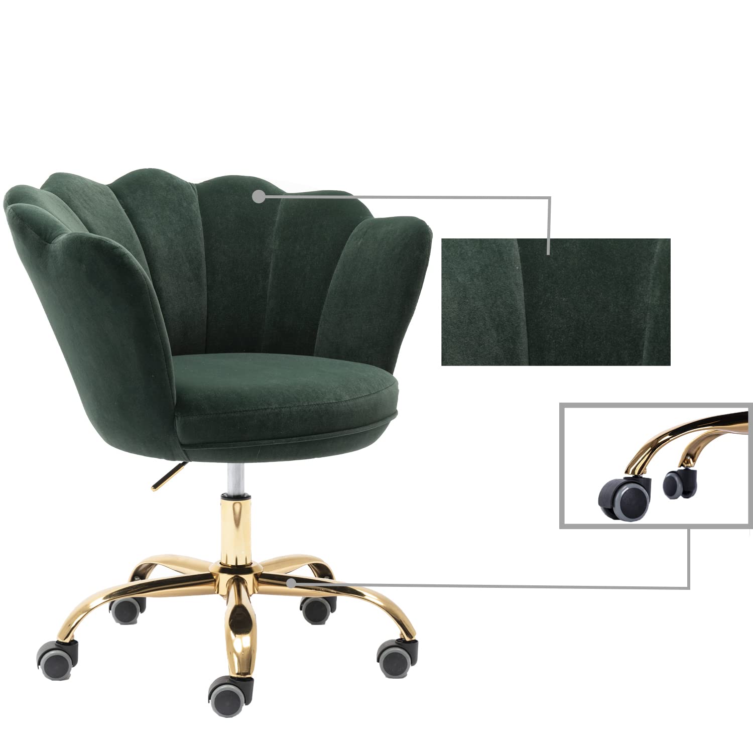 Ergonomic Home Office Desk Chair with Wheels - Adjustable Swivel Task Chair for Work, Study & Makeup - Velvet Upholstered Vanity Chair for Living Room & Bedroom (Dark Green) - Perfect for Remote Work, Gaming & Beauty Stations