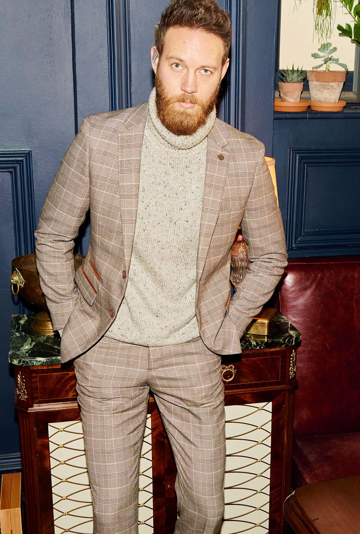 RAY Tan Check Two Piece Suit for Men | Formal Business & Wedding Attire | Premium Wool Blend Suit Set for Office & Special Occasions