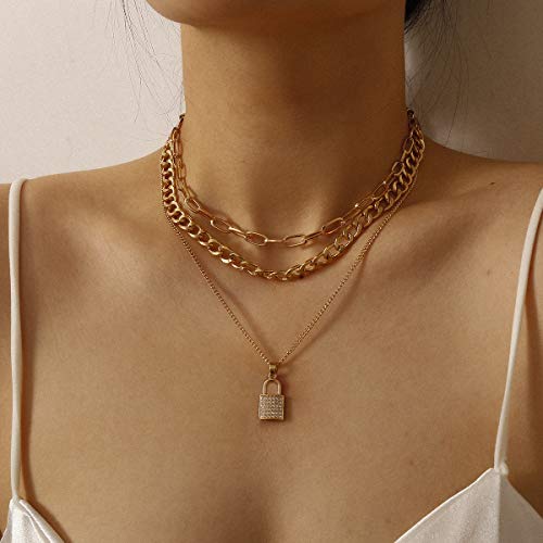 Chargances Chunky Chain Collar Choker Necklace for Women - Gold Diamond Lock Pendant Multi-Layer Statement Jewelry for Party, Evening Wear & Special Occasions