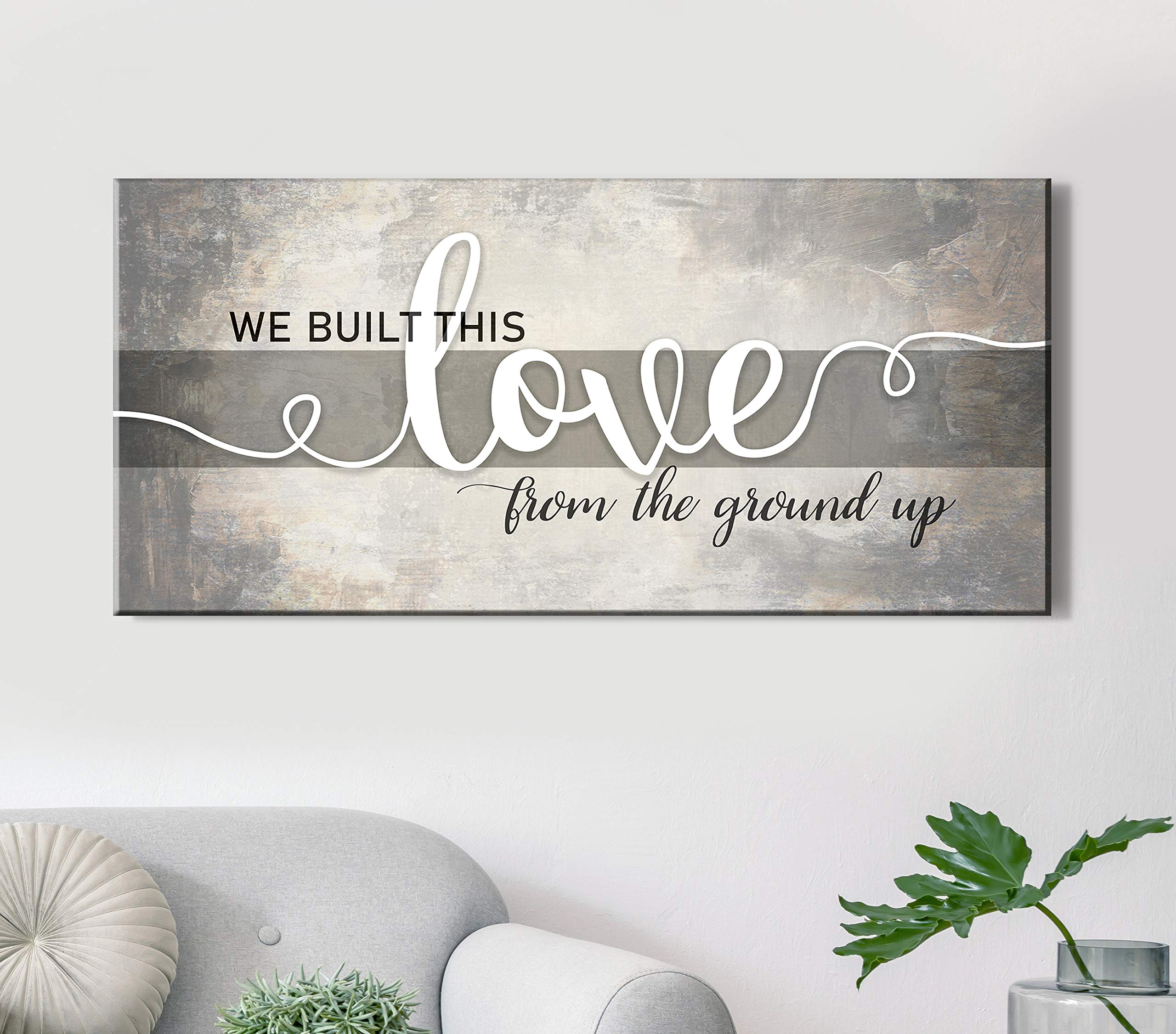 Romantic Love Wall Art Decor for Couples - 'We Built This Love' Canvas Print - Taupe Bedroom Wall Hanging (42x19) - Perfect for Anniversary Gifts, Wedding Decor & Couples Bedroom Aesthetics