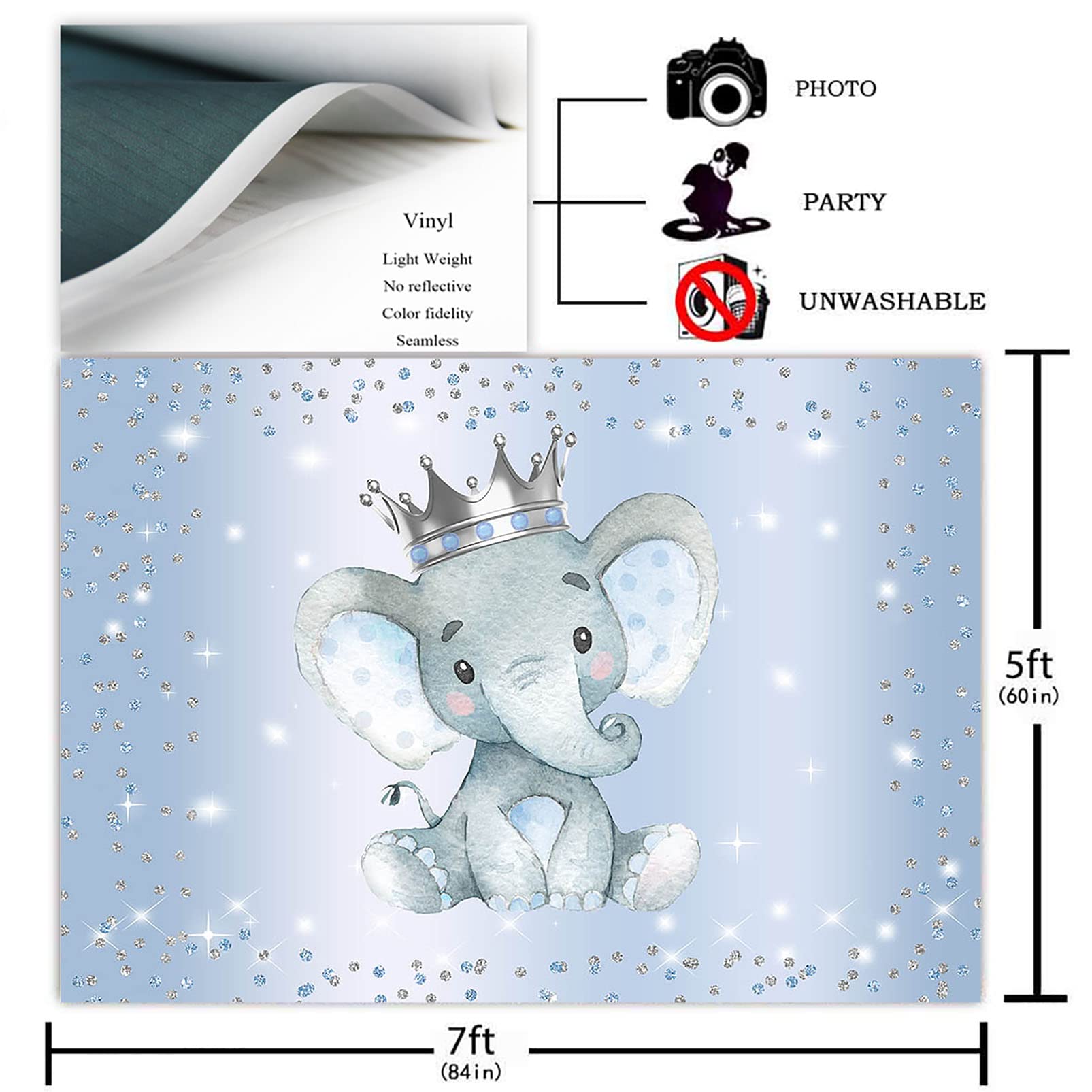 Blue and Silver Glitter Dots Elephant Baby Shower Backdrop - 7x5ft Premium Photography Background for Prince-Themed Parties, Gender Reveals & Nursery Decor | Avezano Boy Elephant Party Decor