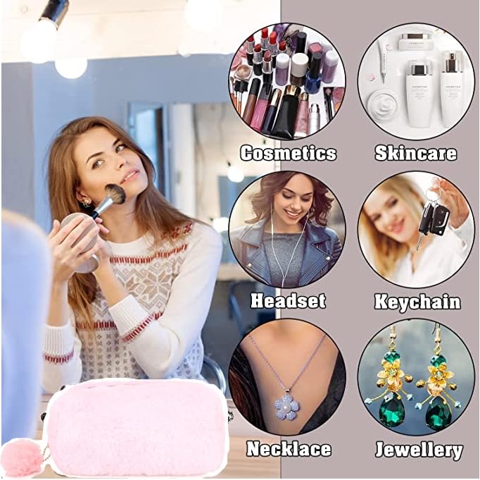 Sanjis Enterprise Small Faux Fur Cosmetic Bag - Elegant Makeup Pouch with Zipper for Lipstick & Toiletries | Perfect Women's Travel Organizer & Gift Idea (Pink) | Great for Daily Makeup Storage, Weekend Getaways & Birthday Presents