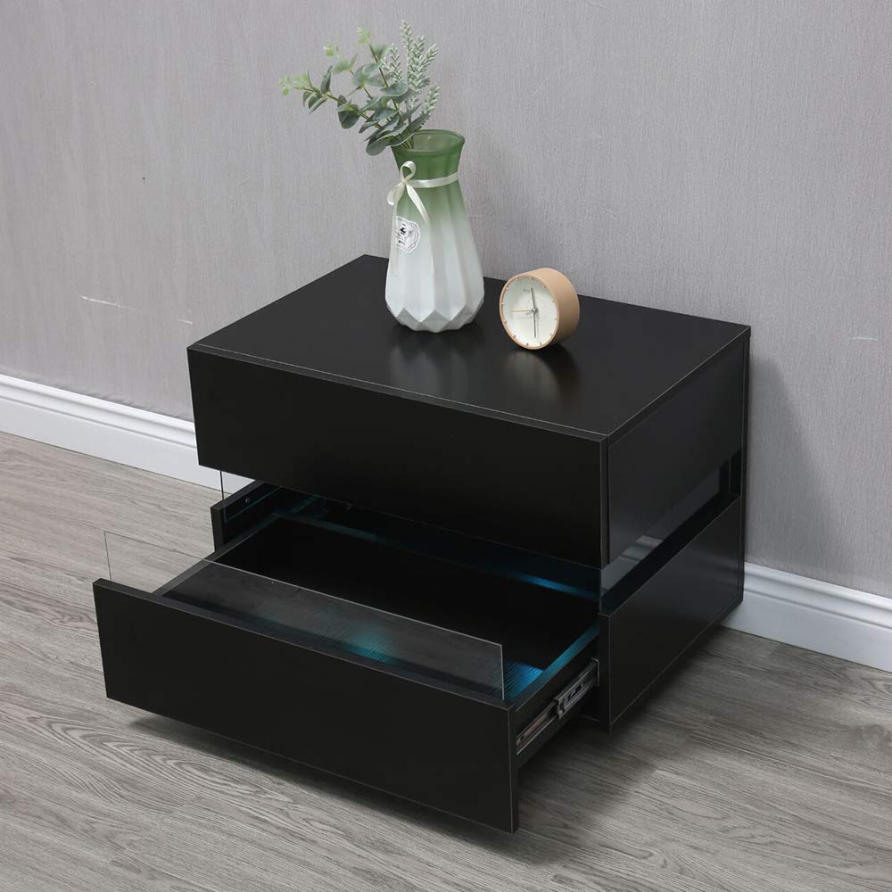 Modern Wooden Nightstand with Single Drawer & Remote Control LED Lights - Bedside Table Cabinet Dresser for Bedroom, Living Room (Black) | Perfect for Storing Books, Alarm Clocks & Bedroom Essentials