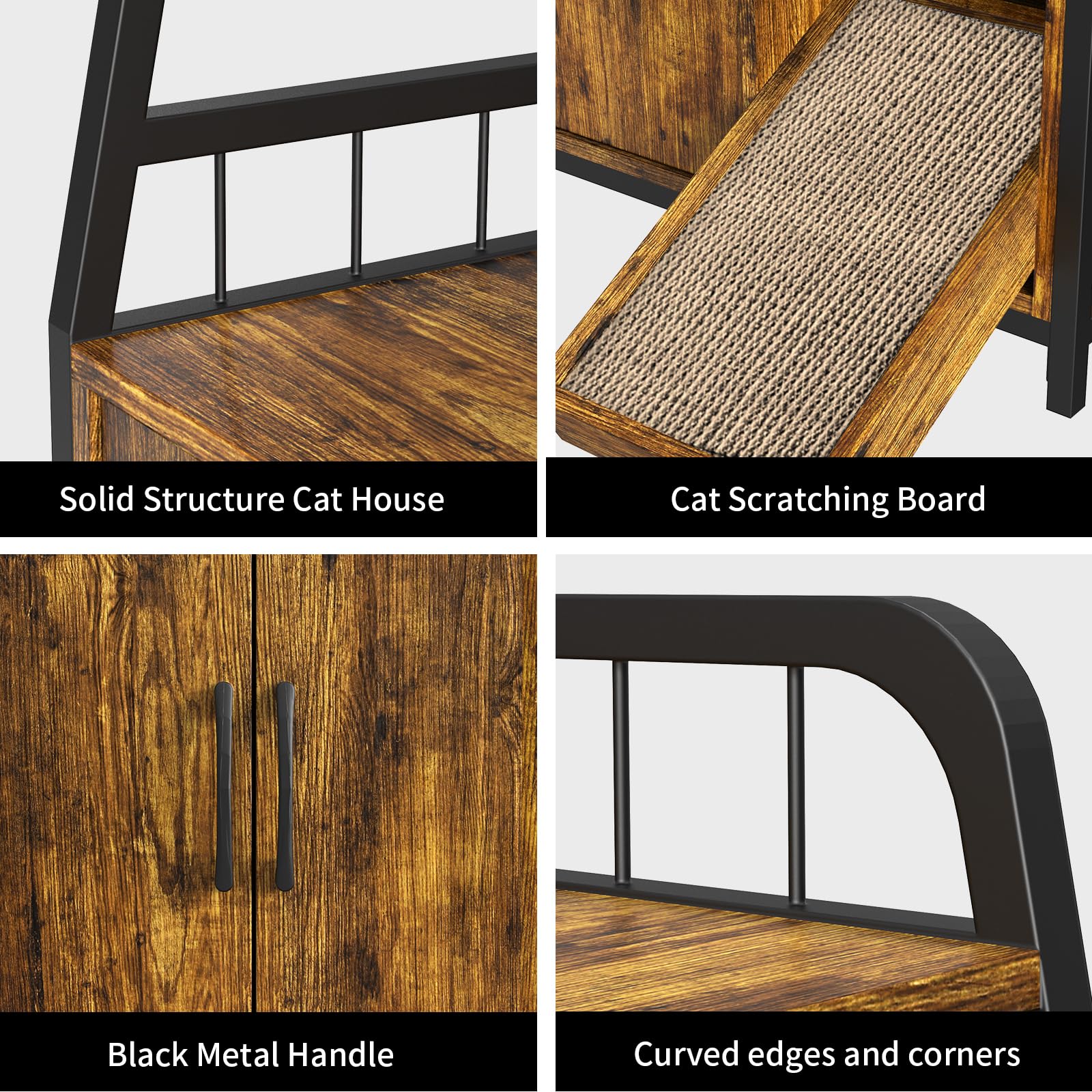 EasyCom Large Cat Litter Box Enclosure with Scratching Pad - Rustic Brown Wooden Hidden Litter Box Furniture with Shelves & Anti-Scratch Design | Perfect for Small Spaces, Home Decor & Odor Control
