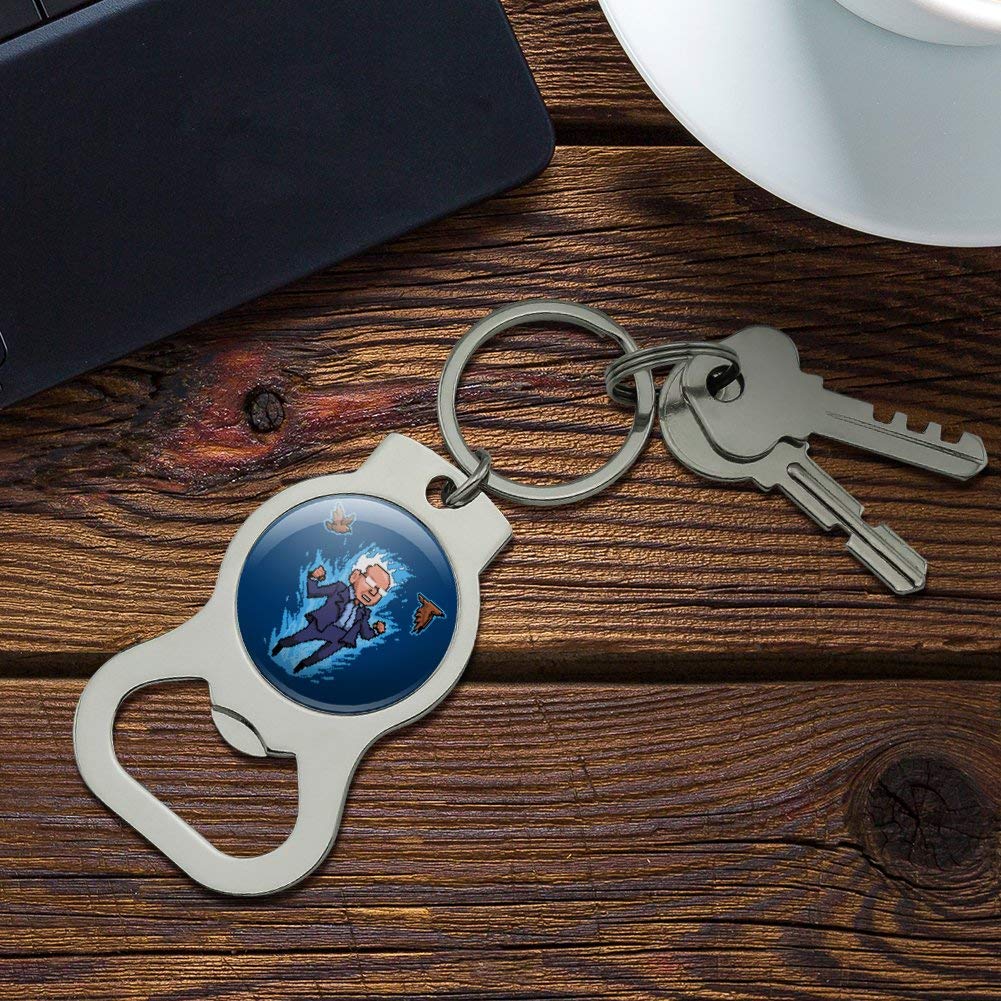 Pixel Super Bernie Sanders with Birds and Fire Keychain - Bottle Cap Opener for Beer, Camping, and Outdoor Adventures