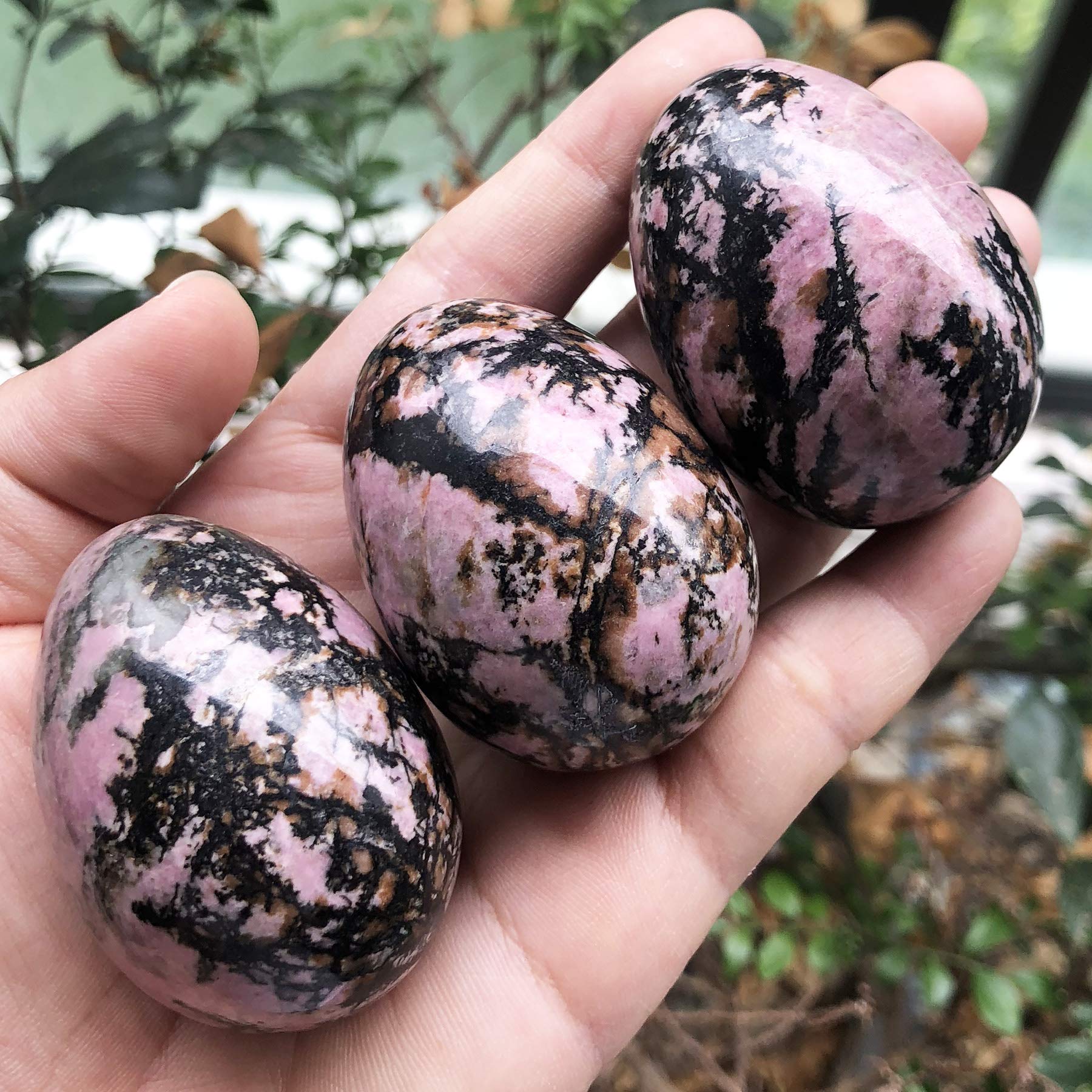 Healing Crystal Stone Egg Figurine - Polished Rhodonite Easter Egg Sphere Sculpture with Wooden Stand (1.8 Inch) - Meditation Decor, Reiki Healing Tool, Feng Shui Home Decoration, Unique Gift Idea