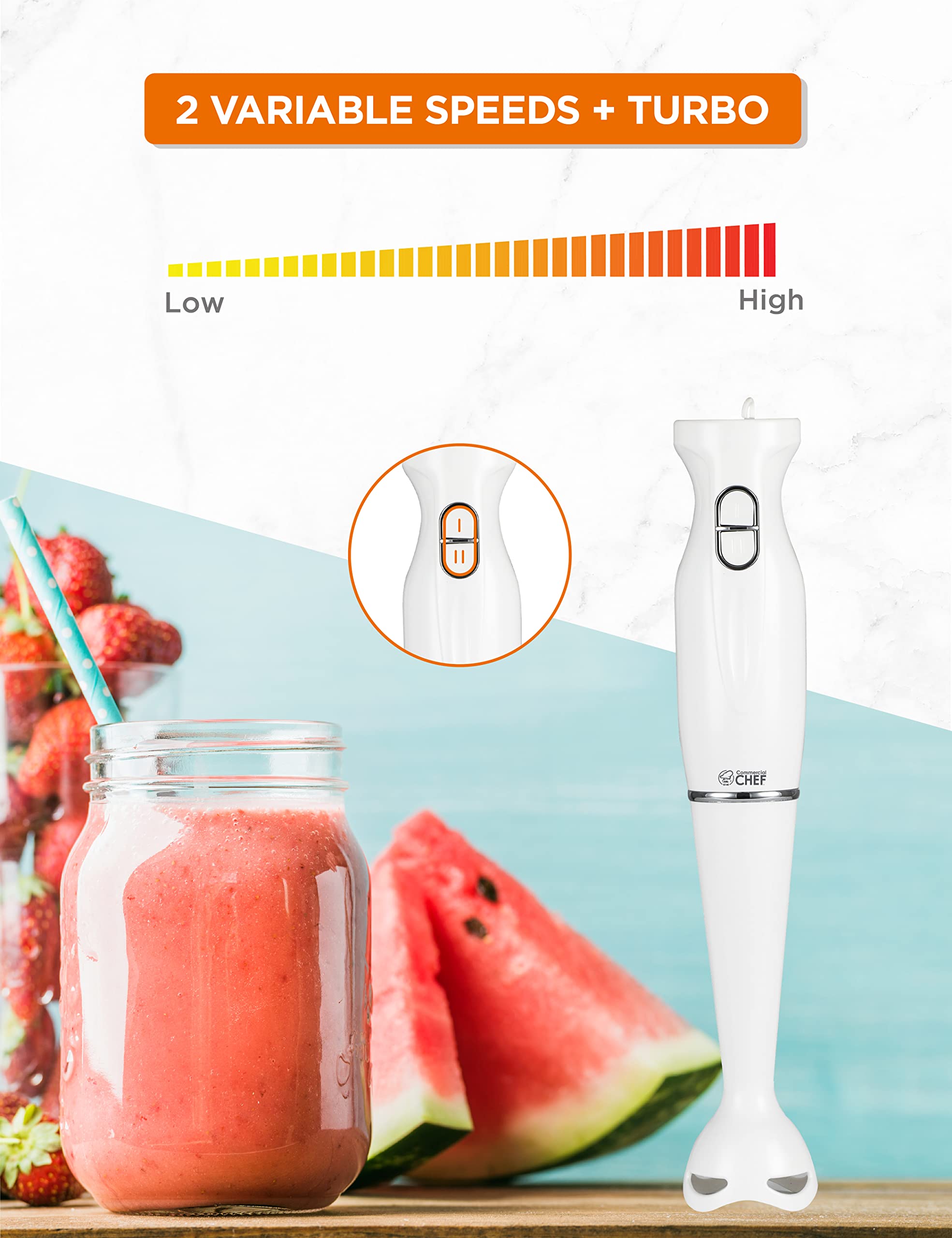 Commercial Chef Immersion Blender - 500W Stainless Steel Hand Blender with Quiet Motor | Powerful Mini Blender for Smoothies, Soups, Sauces & Baby Food | Perfect for Kitchen, Restaurant & Home Cooking