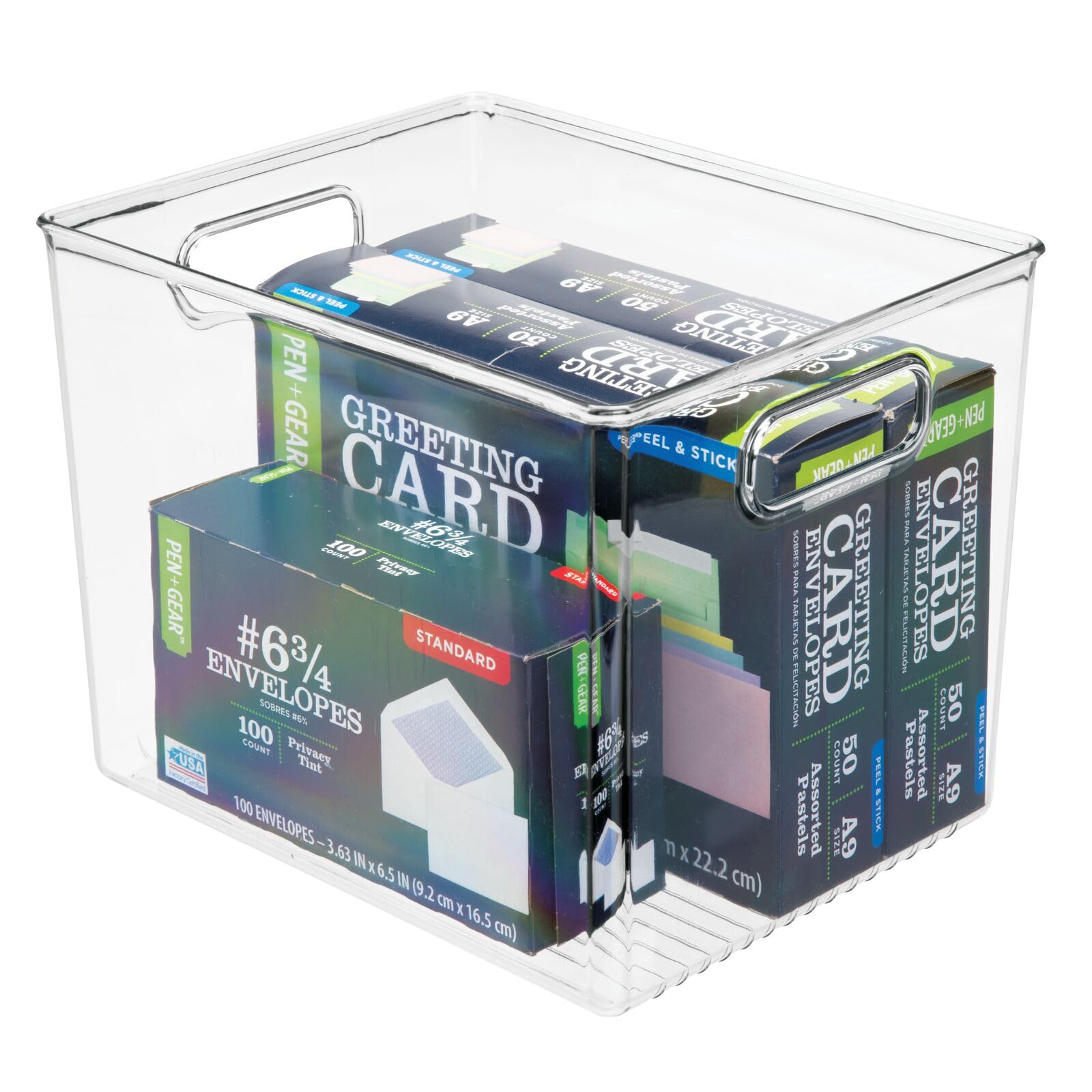 mDesign Tall Deep Rectangular Plastic Office Supplies Storage Organizer Bin with Carrying Handles - Perfect for Organizing Pads, Pens, Pencils, Dry Erase Markers, Highlighters & Sticky Notes | Ligne Collection 4-Pack Clear | Ideal for Home Office, School & Workspace Organization