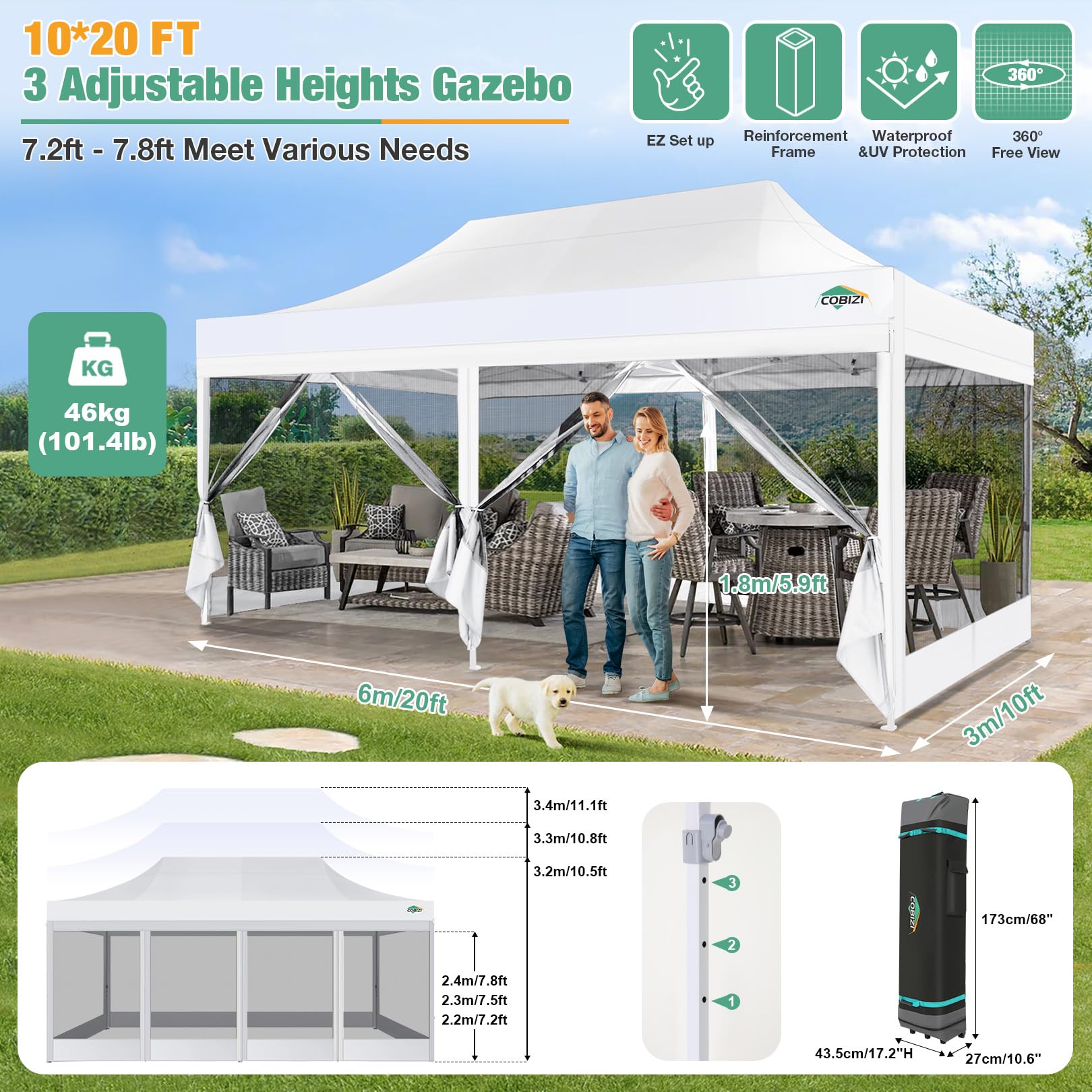 COBIZI 10x20 Heavy Duty Pop Up Canopy Tent with Waterproof Sidewalls & Mosquito Netting - Easy Setup Instant Shelter with Carry Bag for Outdoor Weddings, Parties, Camping & Backyard Events (White)