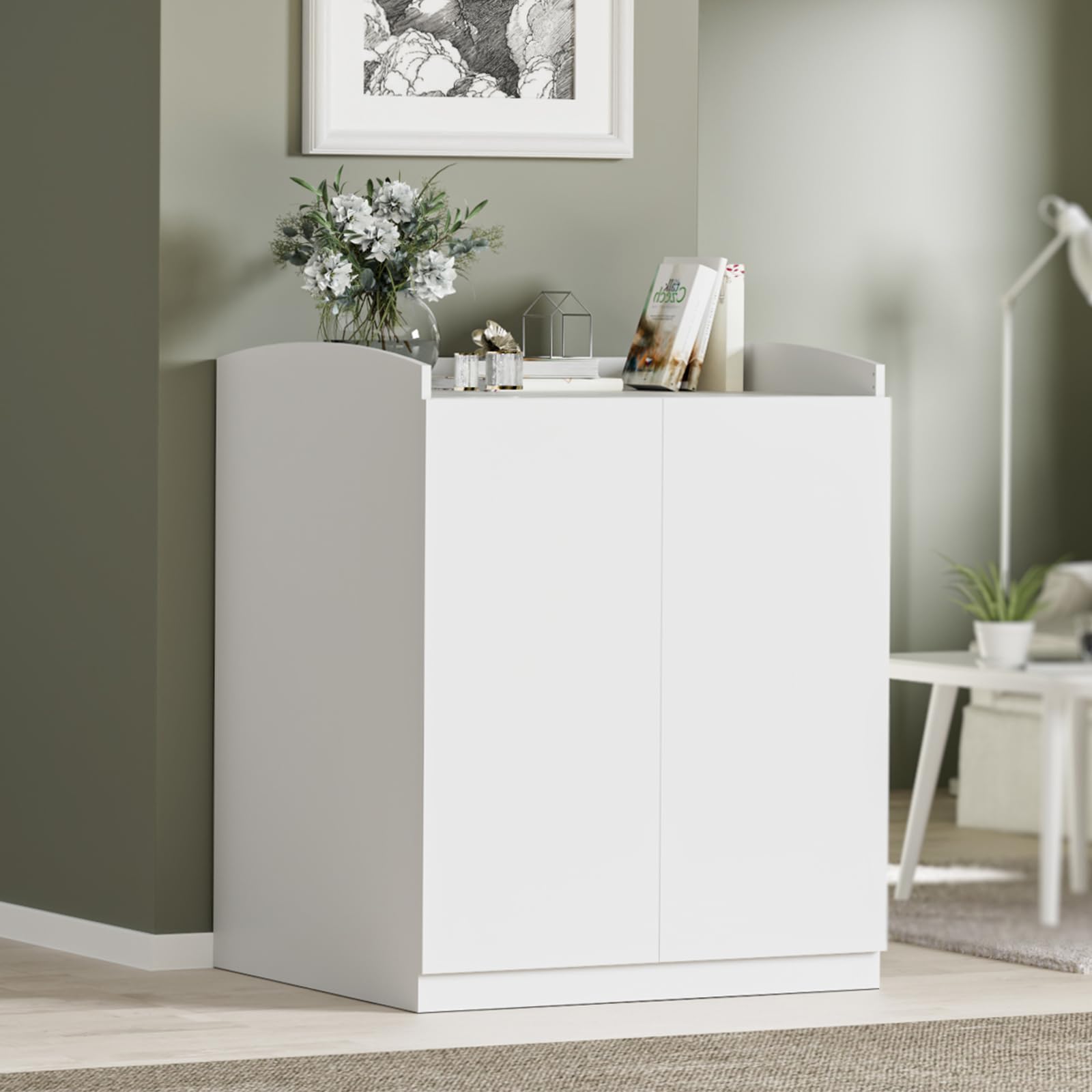 Modern Tall Self-Cleaning Litter Box Enclosure - Hidden Cat Litter Box Furniture for Large Automatic Litter Boxes, White - Perfect for Small Spaces & Multi-Cat Homes