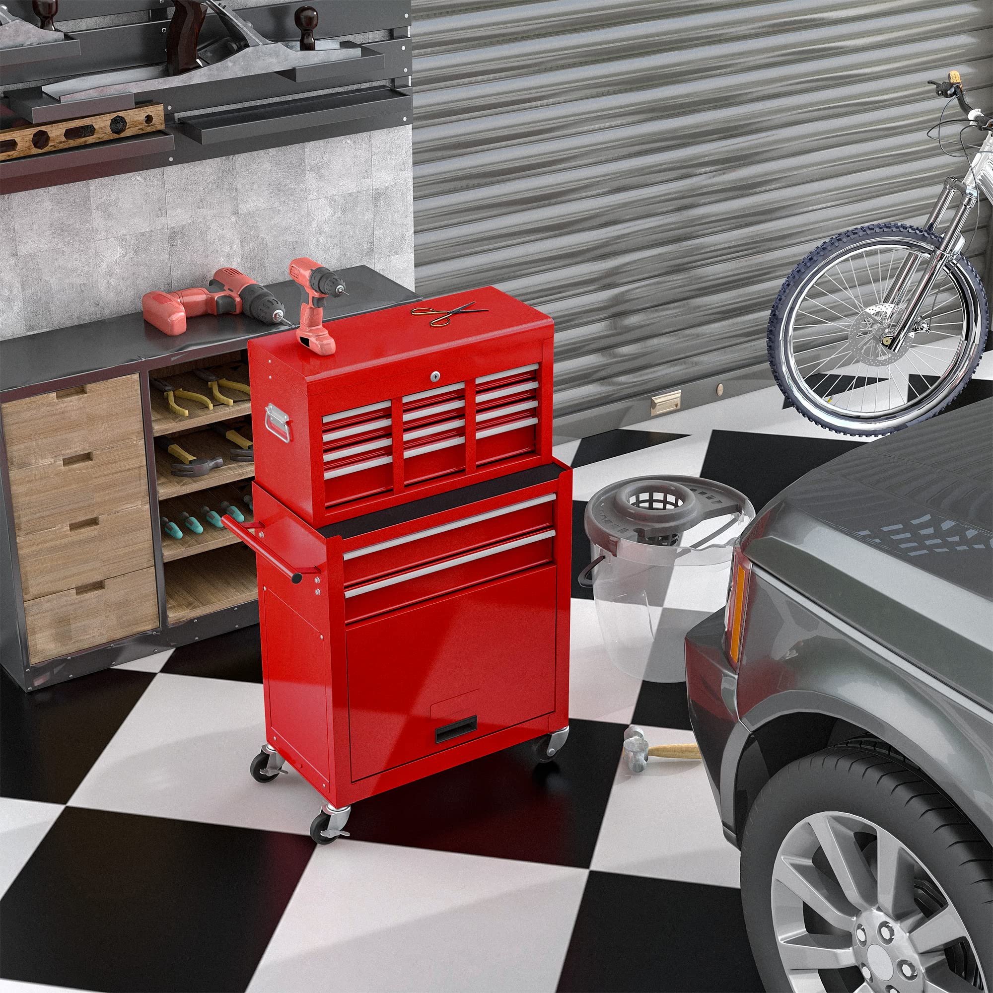 Heavy Duty Rolling Tool Cabinet with Wheels & Drawers - Large Capacity Removable Tool Trolley Organizer for Garage, Workshop, Warehouse - Durable Red Tool Storage Cart for Mechanics, DIY Projects & Professional Use