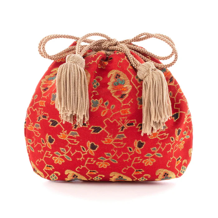 Nishijin Ori Small Drawstring Bag - Handmade Kyoto Japanese Traditional Craft Purse with Floral, Fruit & Tree Patterns (Red) | Perfect for Gift, Cosmetics & Jewelry Storage