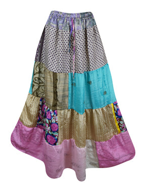 Boho Floral Patchwork Maxi Skirt for Women - Blue & Pink Beach Skirt S/M - Perfect for Summer Vacations, Music Festivals & Boho Chic Outfits