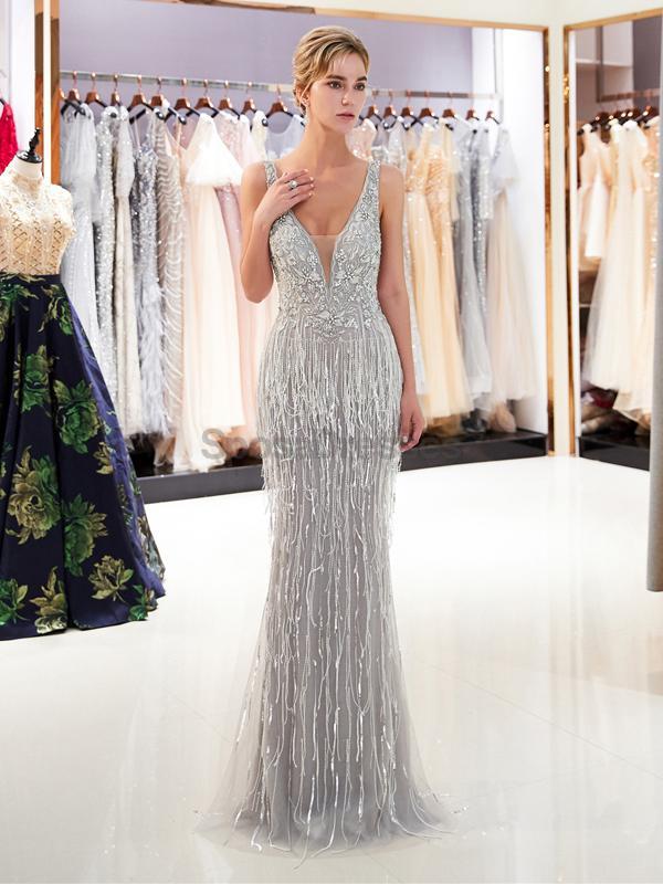 Elegant Gray V-Neck Lace Beaded Mermaid Prom Dress for Evening Parties & Formal Events - Perfect for Homecoming, Prom Night, and Special Occasions
