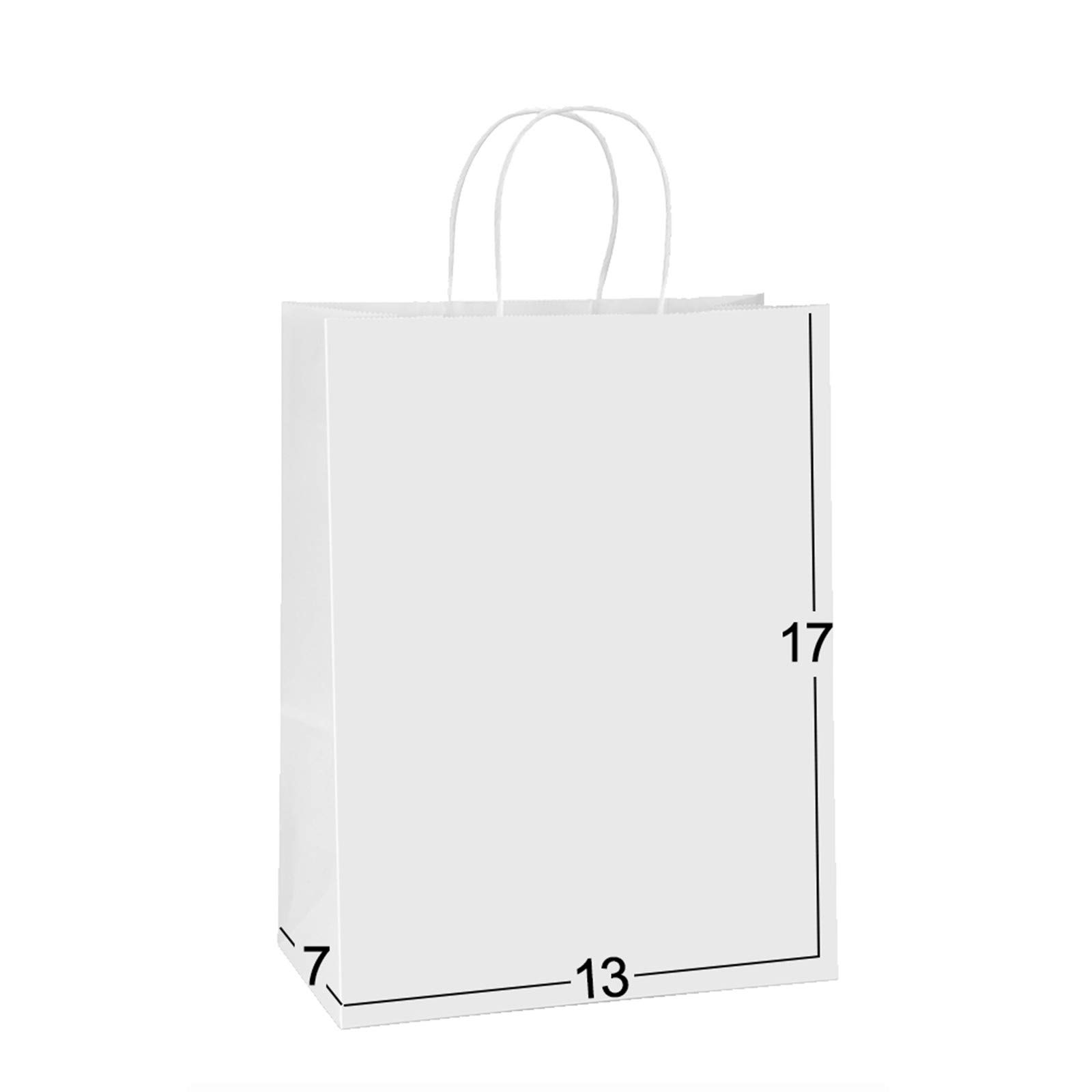 50 Pack 13x7x17 Inch White Kraft Paper Gift Bags with Handles - Eco Friendly Recyclable Party Bags, Shopping Bags & Retail Merchandise Bags Bulk for Birthday, Wedding, Store Packaging & Events