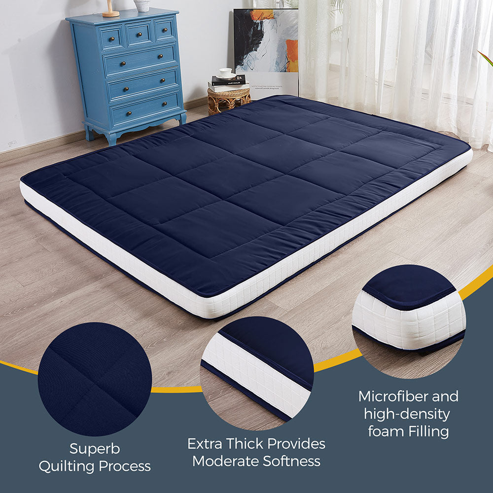 MAXYOYO Japanese Floor Futon Mattress - Thick Padded & Portable Navy Blue Floor Bed for Guest Room, Dorm, Camping & Travel