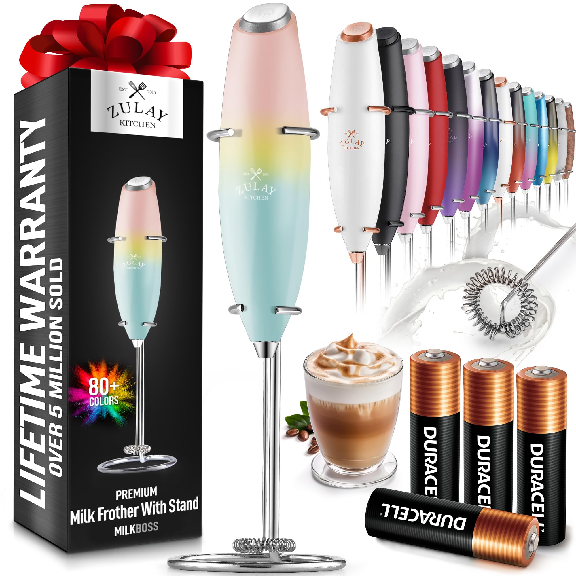 Zulay Powerful Milk Frother Handheld Electric Whisk - 4 Duracell Batteries Included - Coffee Latte Cappuccino Foam Maker for Matcha, Hot Chocolate & Baking (Ideal for Home, Office & Coffee Shops)