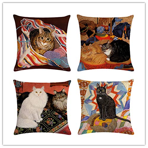 VenusL Set of 4 Orange White Persian Cat Decorative Throw Pillow Covers - Garfield Style Pet Art Oil Painting Design - One-Side Printed Cotton Linen 18x18 Inch (45x45cm) - Perfect for Living Room Sofa, Bedroom Decor & Cat Lover Gifts